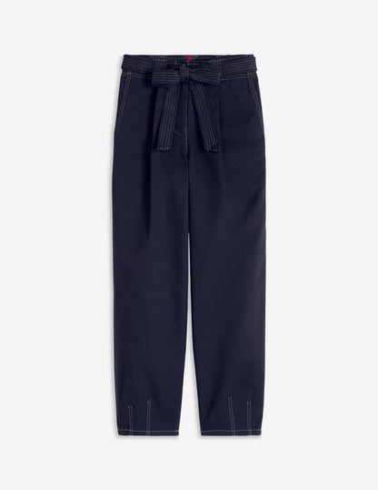 Belted Barrel Leg Pants-Navy-6