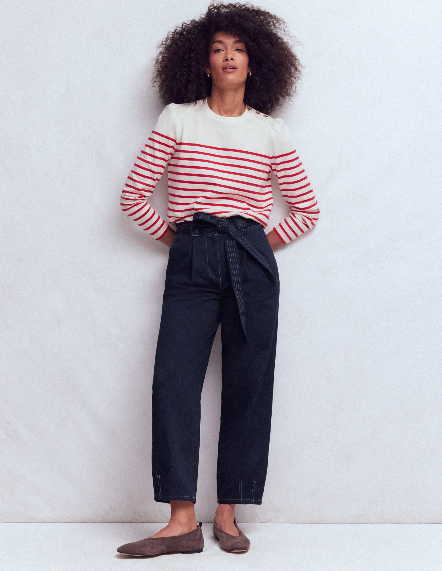 Belted Barrel Leg Pants-Navy