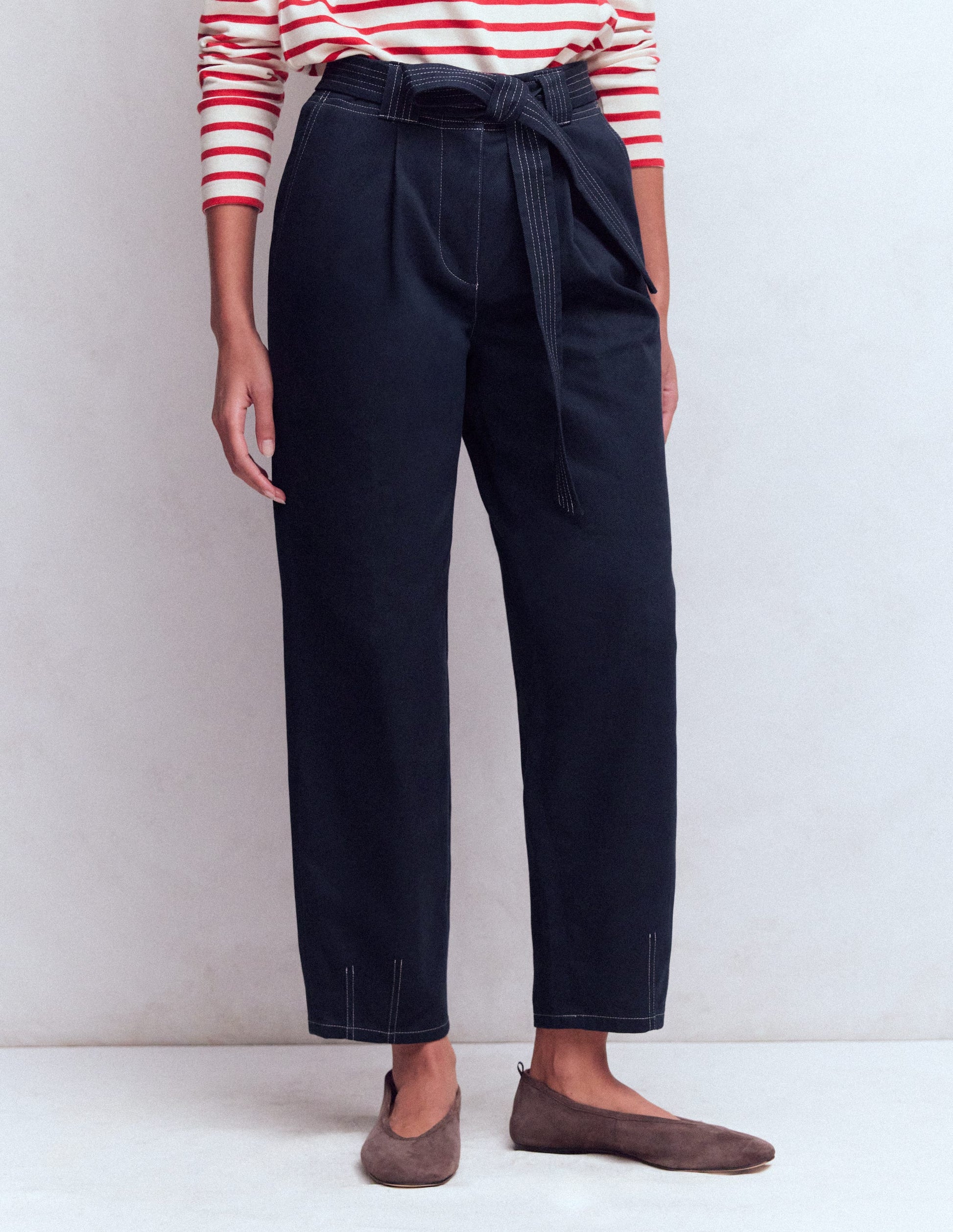 Belted Barrel Leg Pants-Navy-4