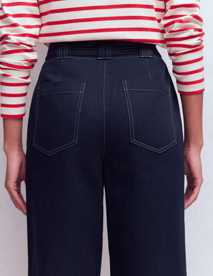 Belted Barrel Leg Pants-Navy-5