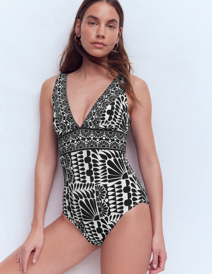 Porto V-neck Swimsuit-Black, Geo Stamp