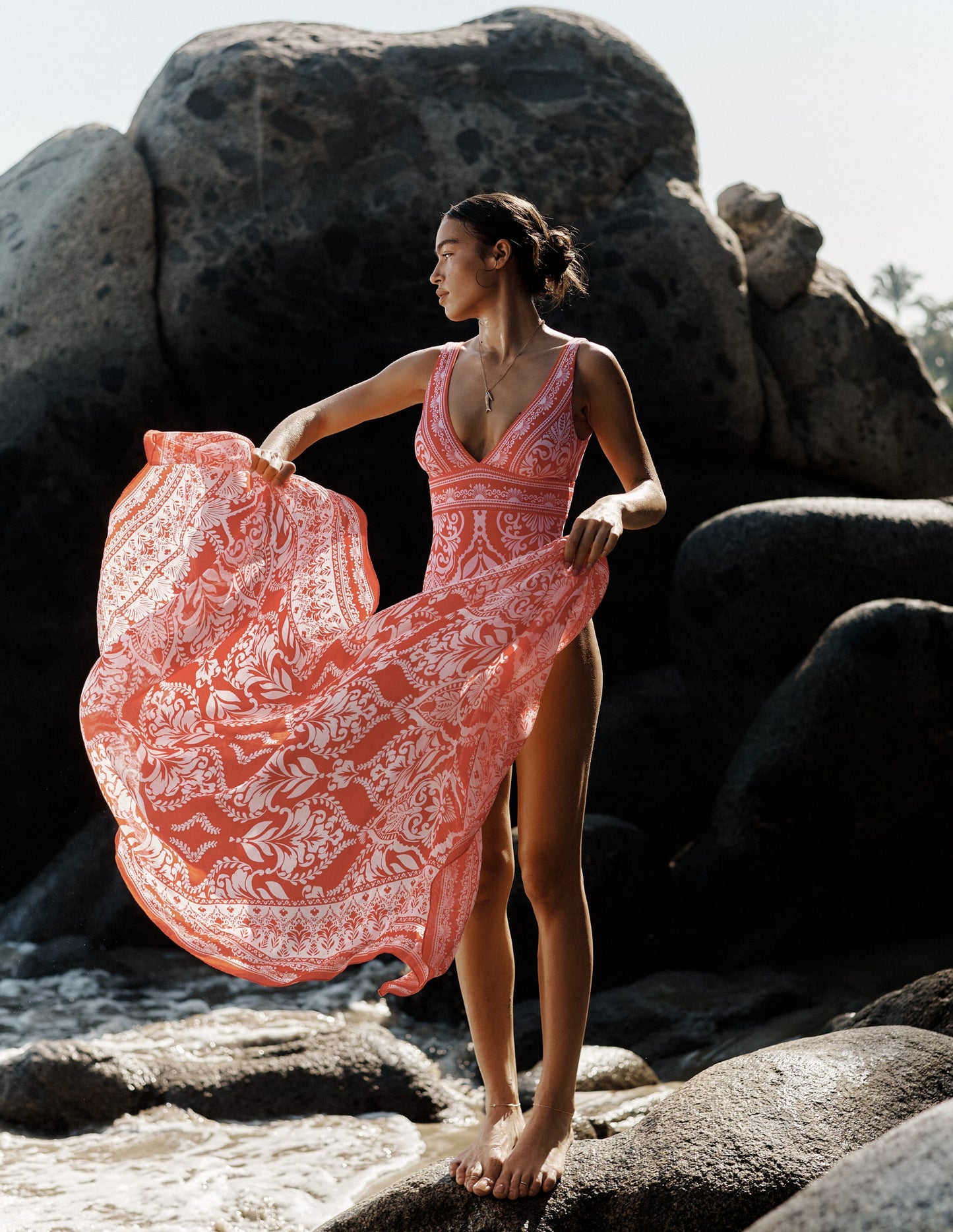 Porto V-neck Swimsuit-Poppy Red, Ornamental Garden