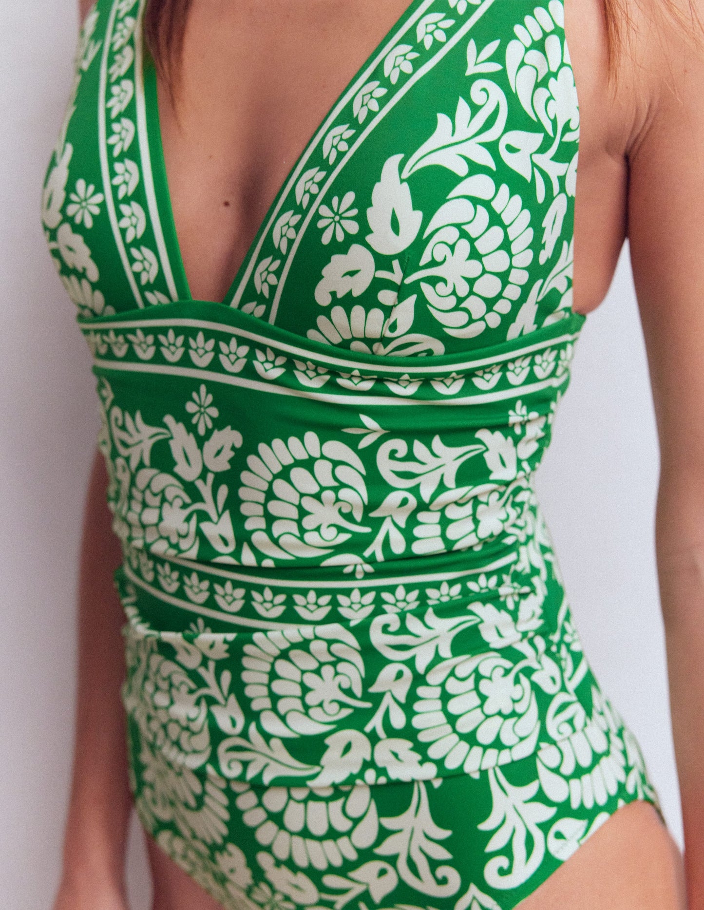 Mykonos Deep V Swimsuit-Green, Ornate Floret