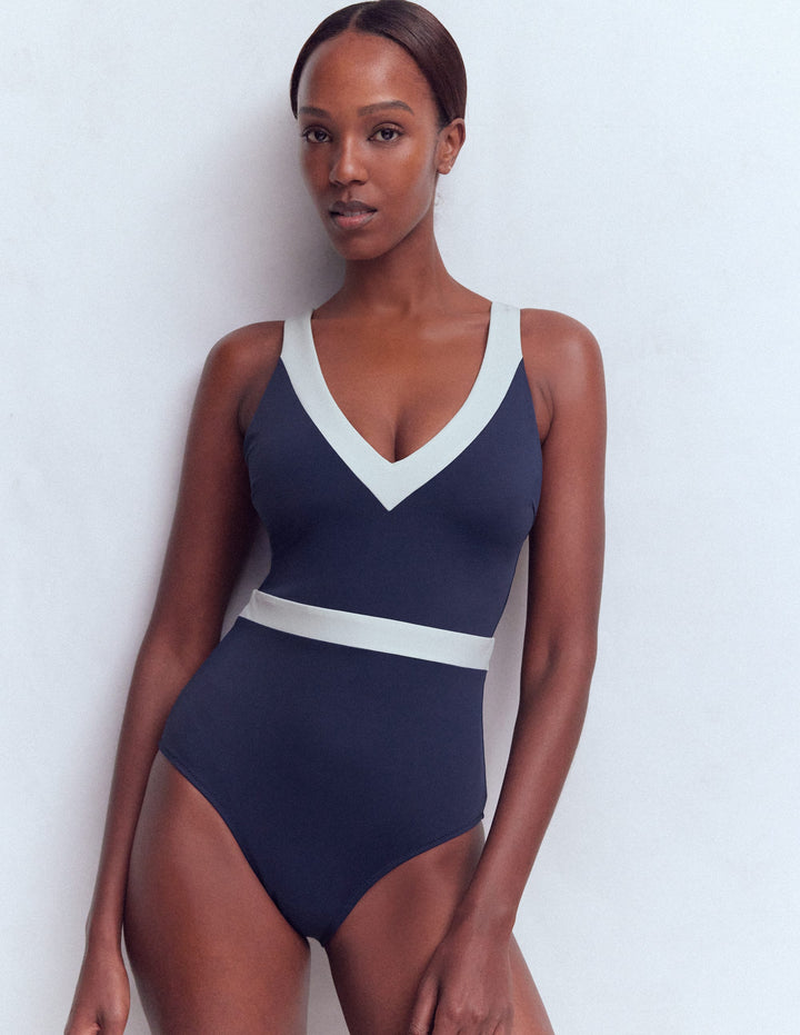 Campania Cross-back Swimsuit-Navy, Ivory Colourblock