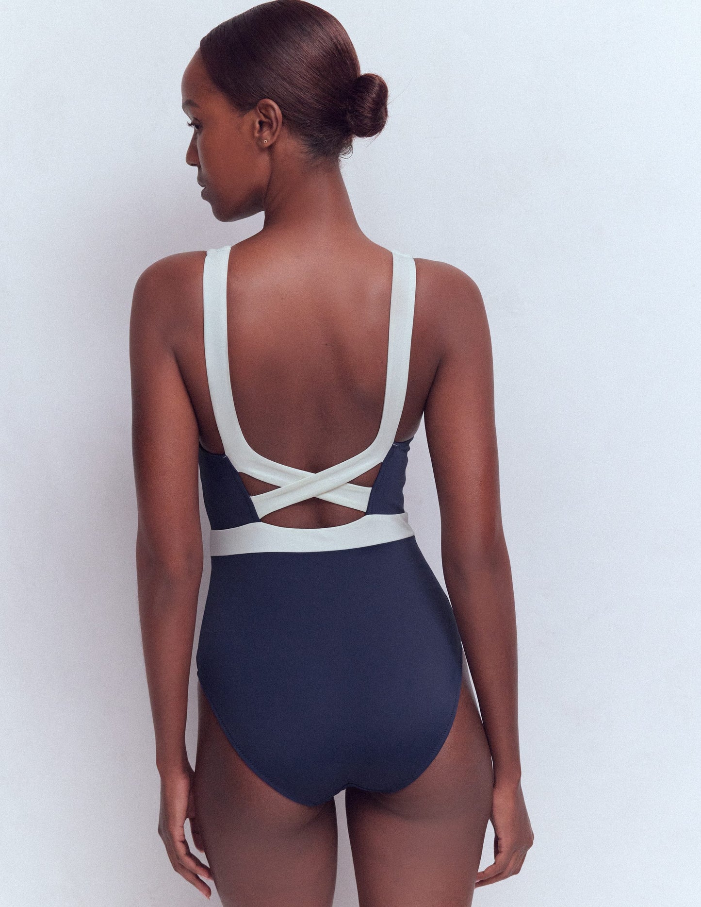 Campania Cross-back Swimsuit-Navy, Ivory Colourblock