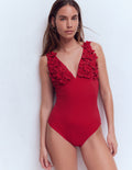 Flower Appliqué Swimsuit-Merida Red, Applique
