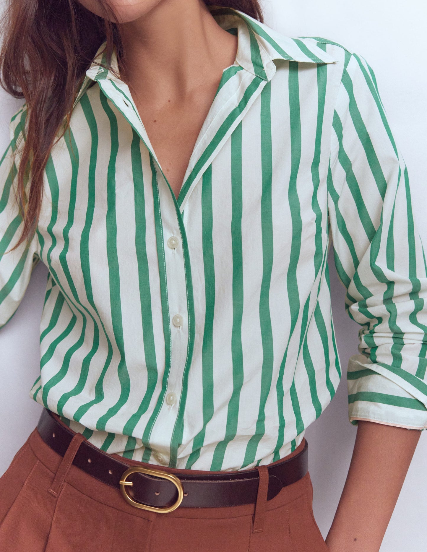 Sienna Cotton Shirt-Green and Ivory Stripe