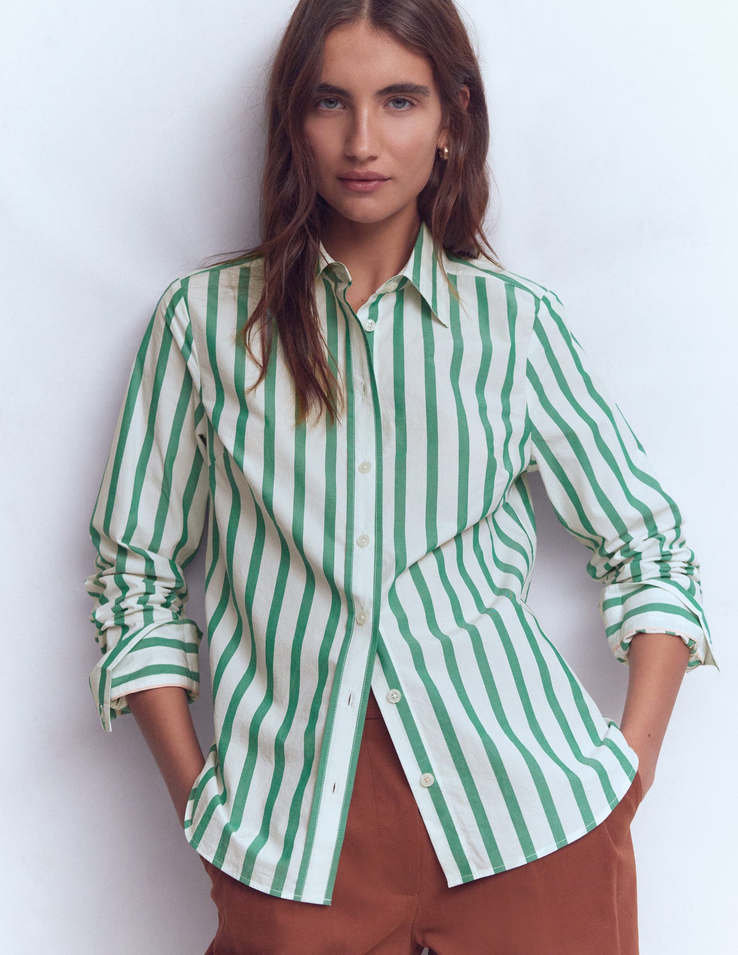 Sienna Cotton Shirt-Green and Ivory Stripe