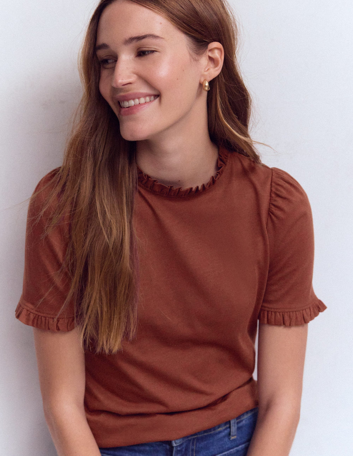 Supersoft Frill Detail T-shirt-Roasted Brown - Image 1