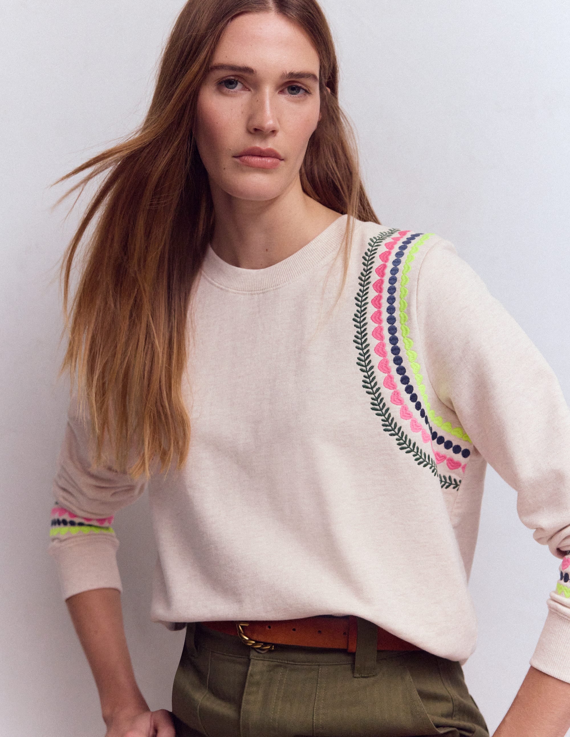 Hannah Embroidered Sweatshirt-Oatmeal Melange Embroidery | Boden USA