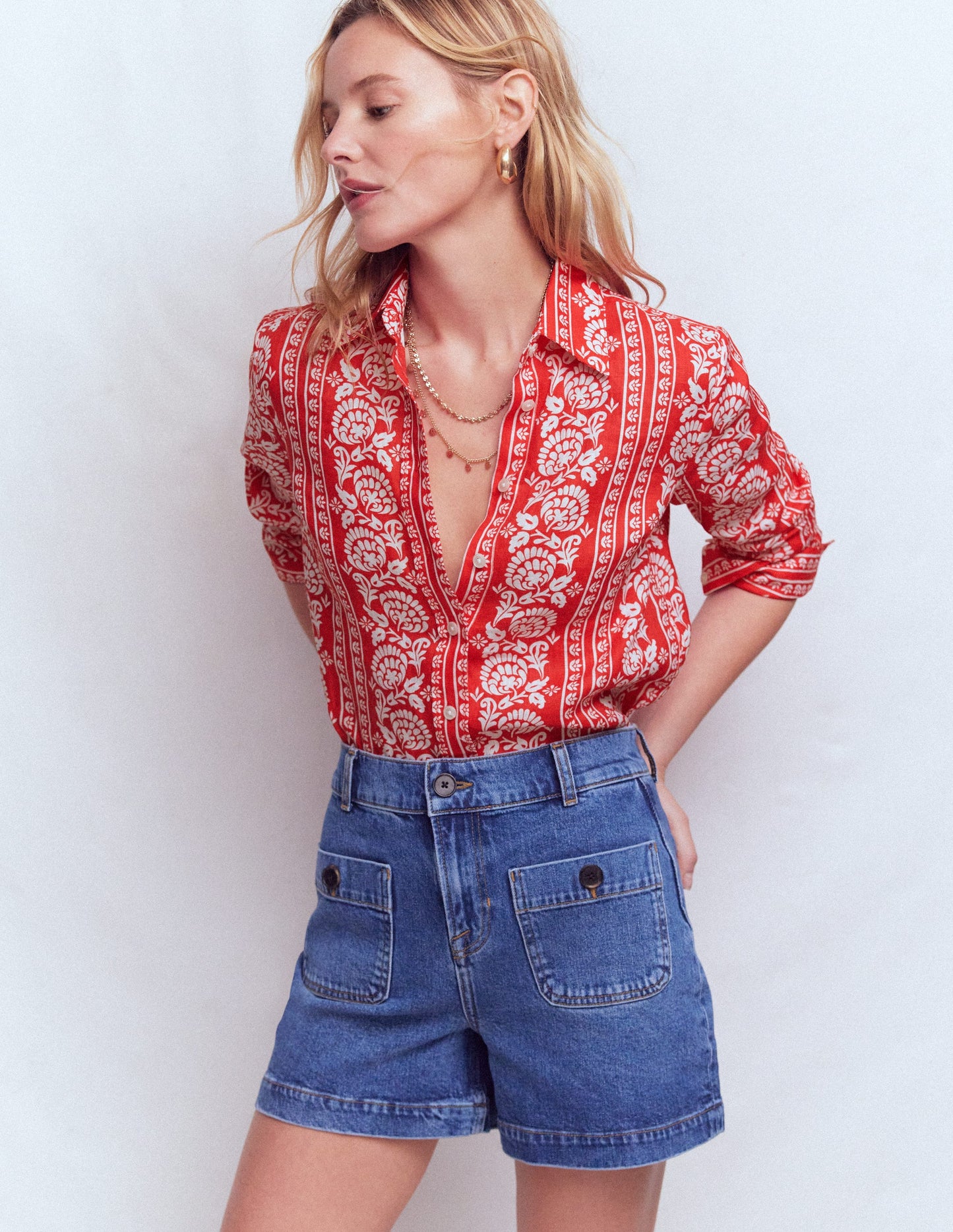 Sienna Linen Shirt-Red, Ornate Floret