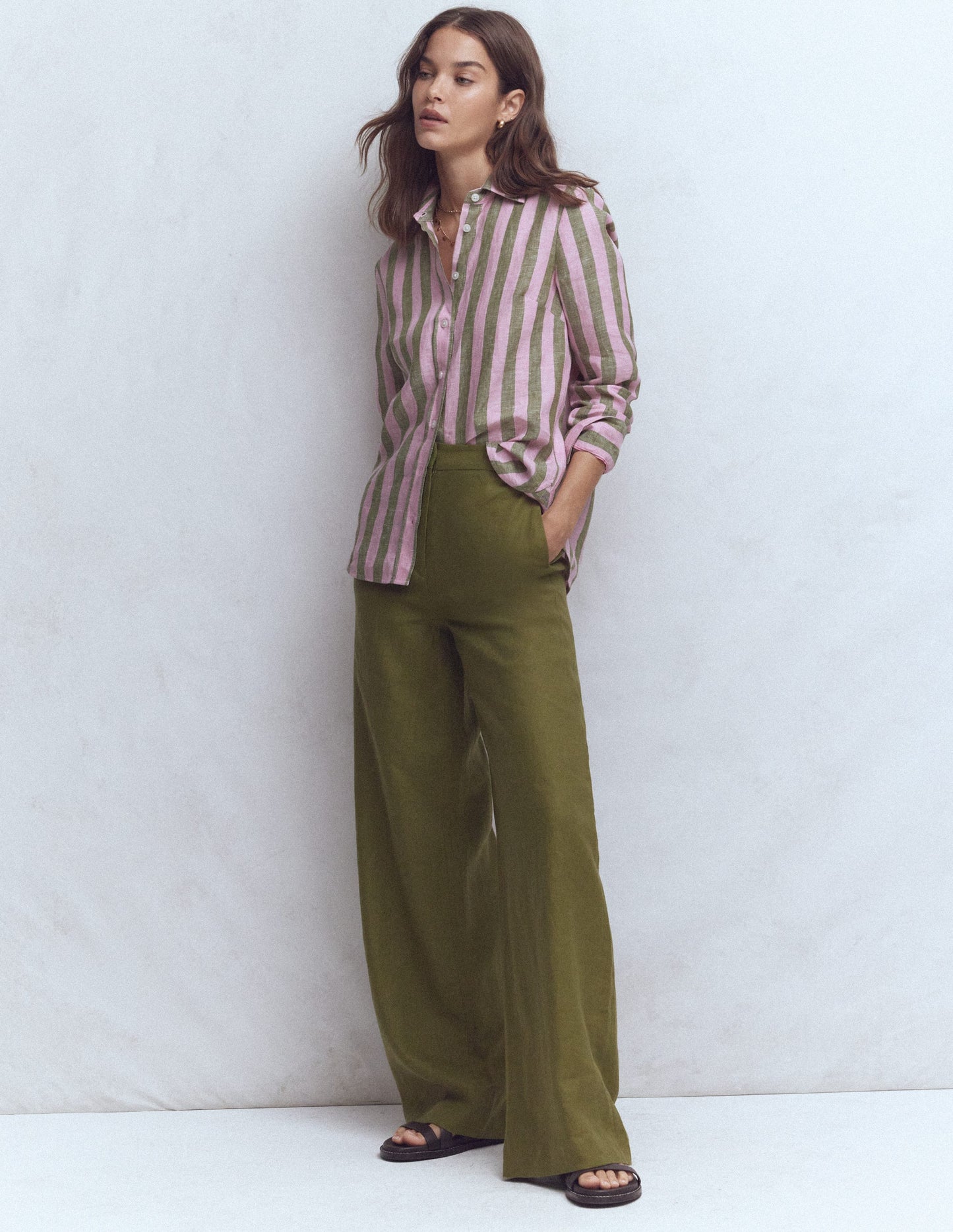 Sienna Linen Shirt-Green and Pink Stripe