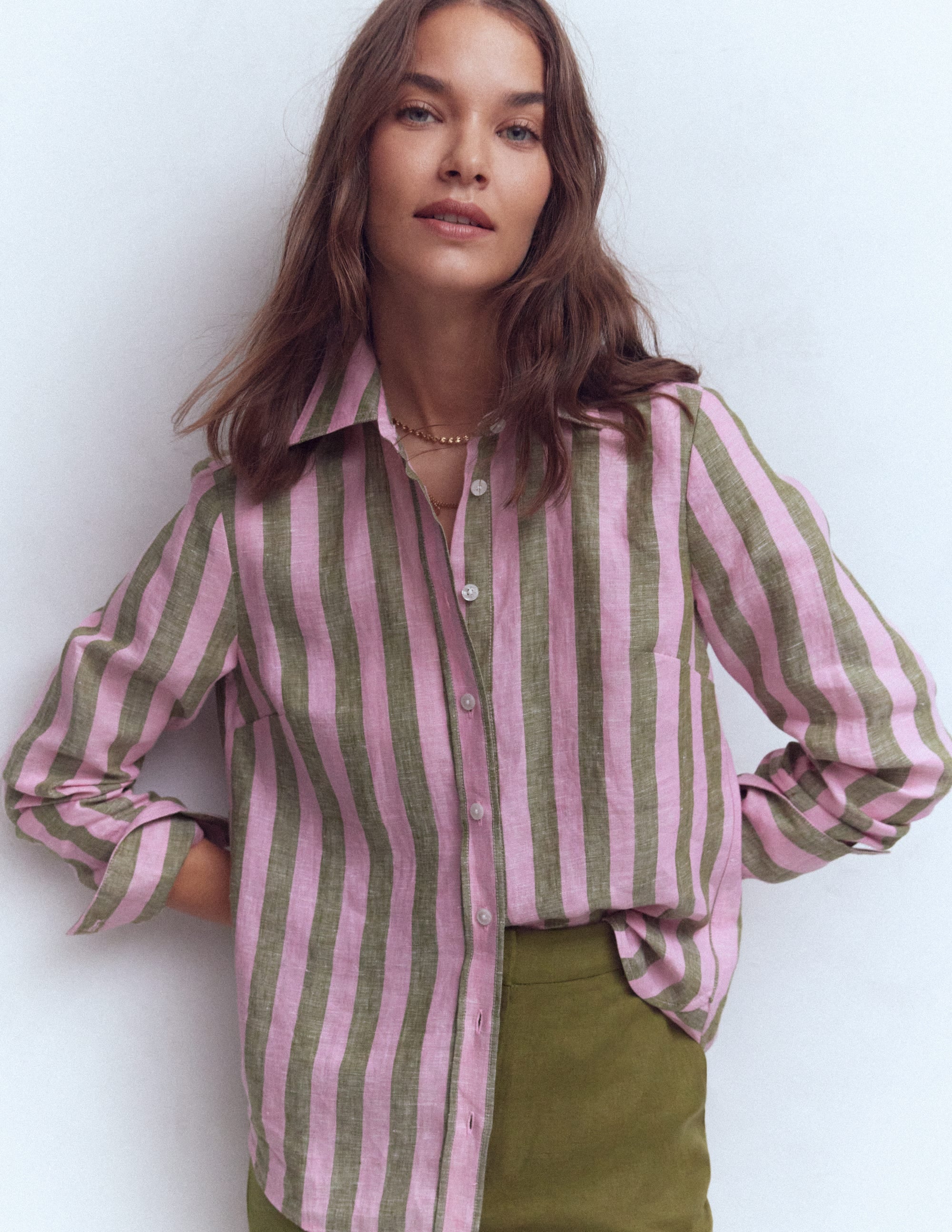 Sienna Linen Shirt-Green and Pink Stripe - Image 3