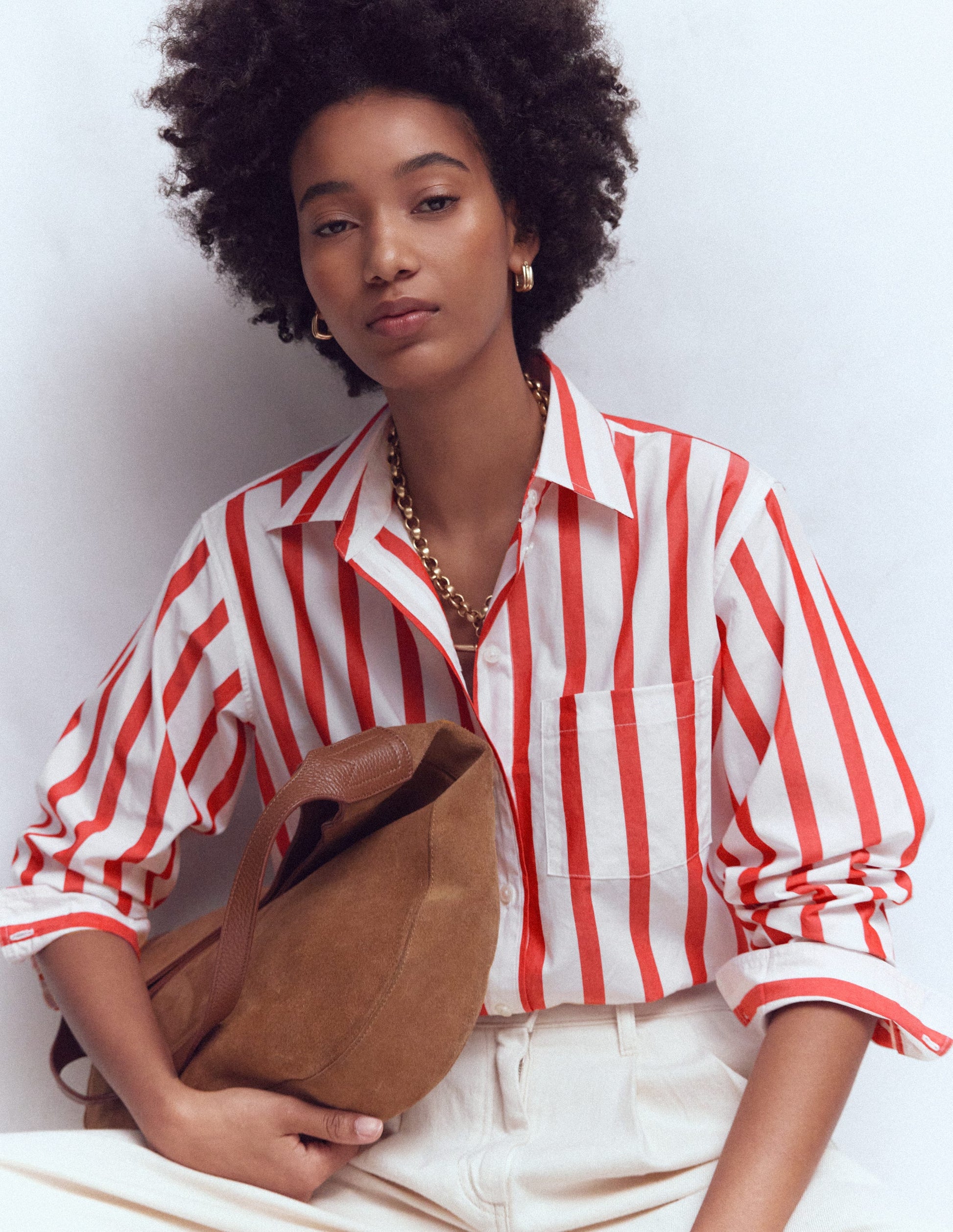 Sadie Relaxed Cotton Shirt-Ivory and Salsa Stripe-2