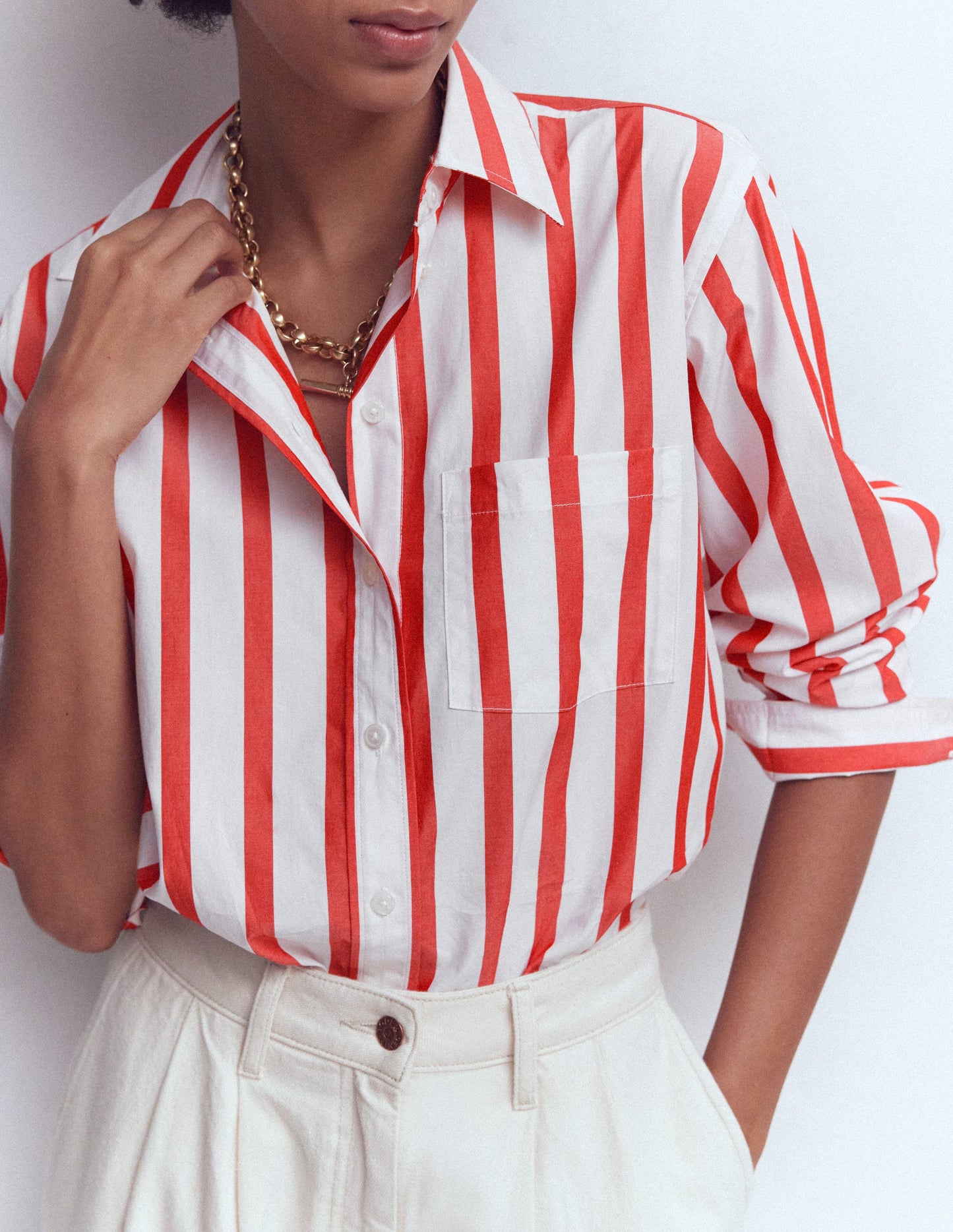 Sadie Relaxed Cotton Shirt-Ivory and Salsa Stripe