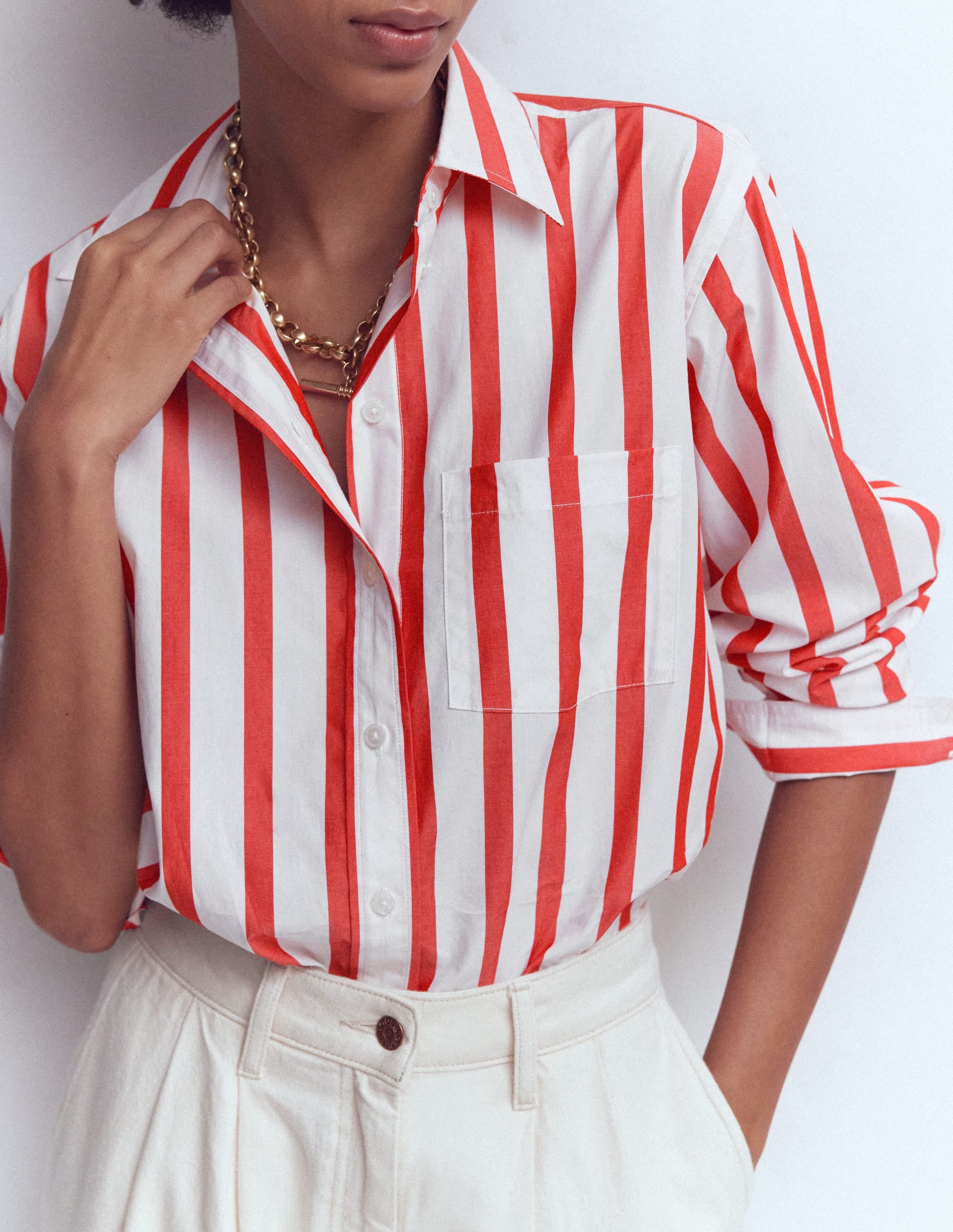 Sadie Relaxed Cotton Shirt-Ivory and Salsa Stripe - Image 2