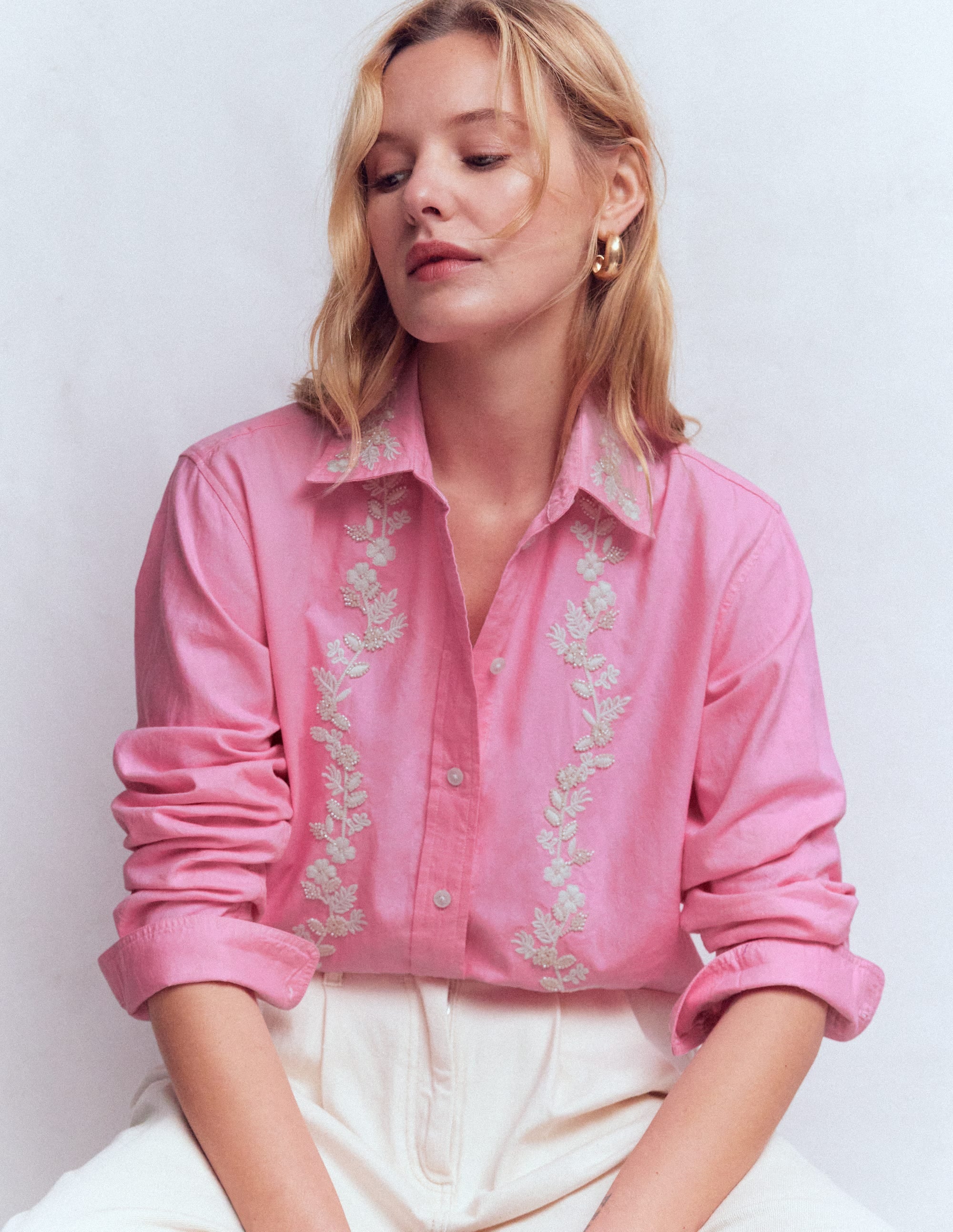 Sadie Relaxed Cotton Shirt-Pink Floral Beaded Oxford | Boden USA