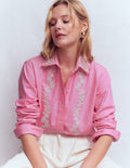 Sadie Relaxed Cotton Shirt-Pink Floral Beaded Oxford