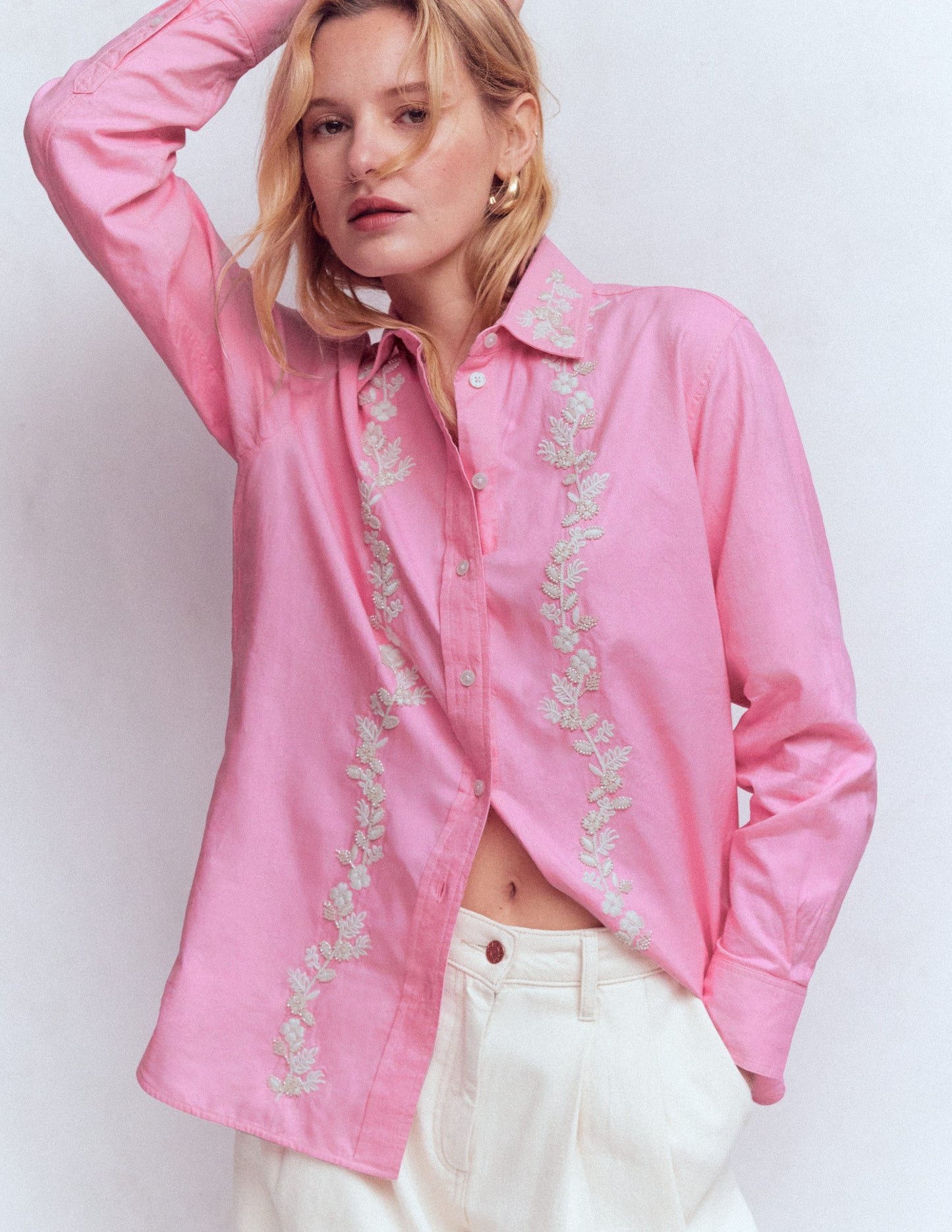 Sadie Relaxed Cotton Shirt-Floral Beaded Oxford