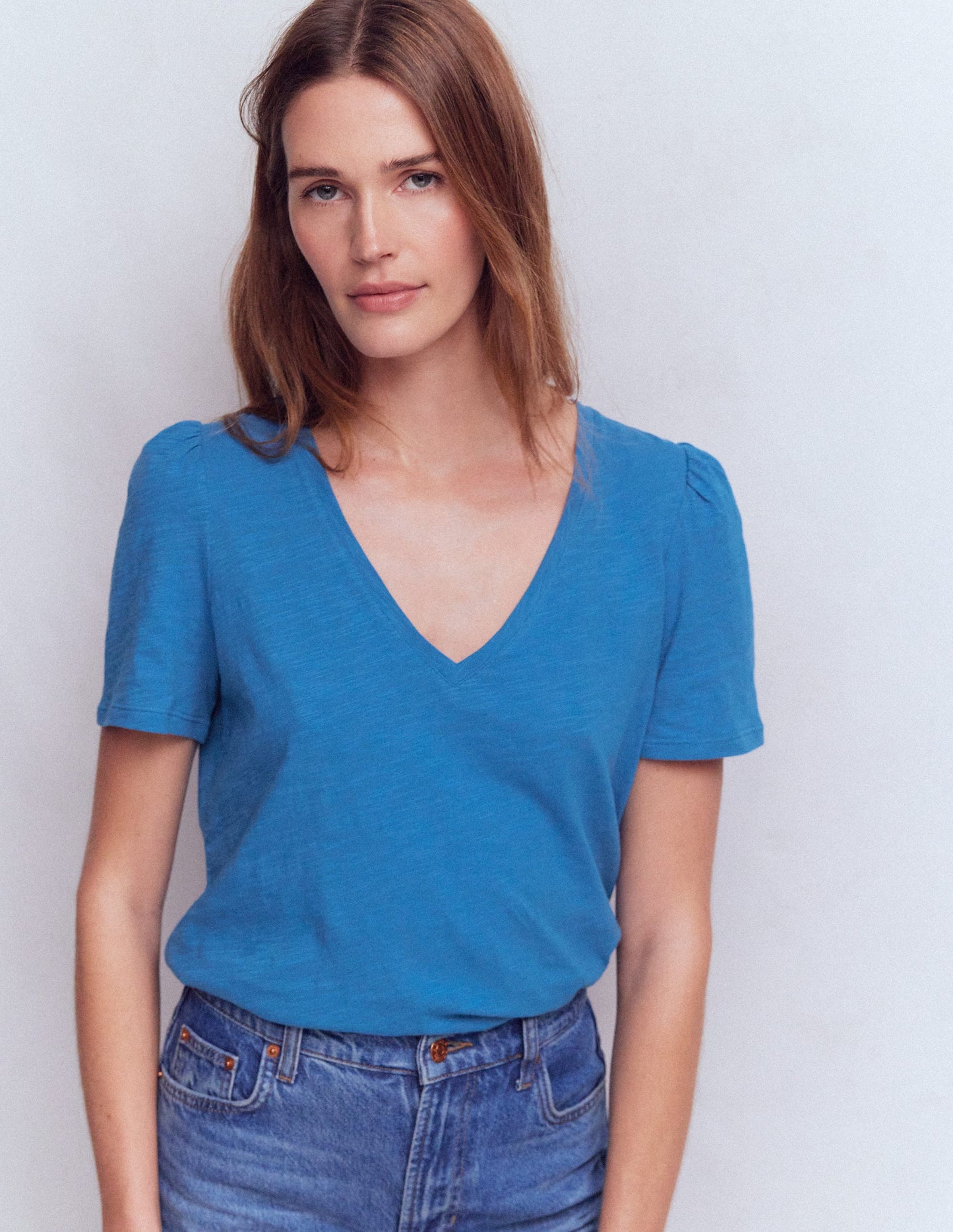V Neck Slub T-shirt-Vallarta Blue