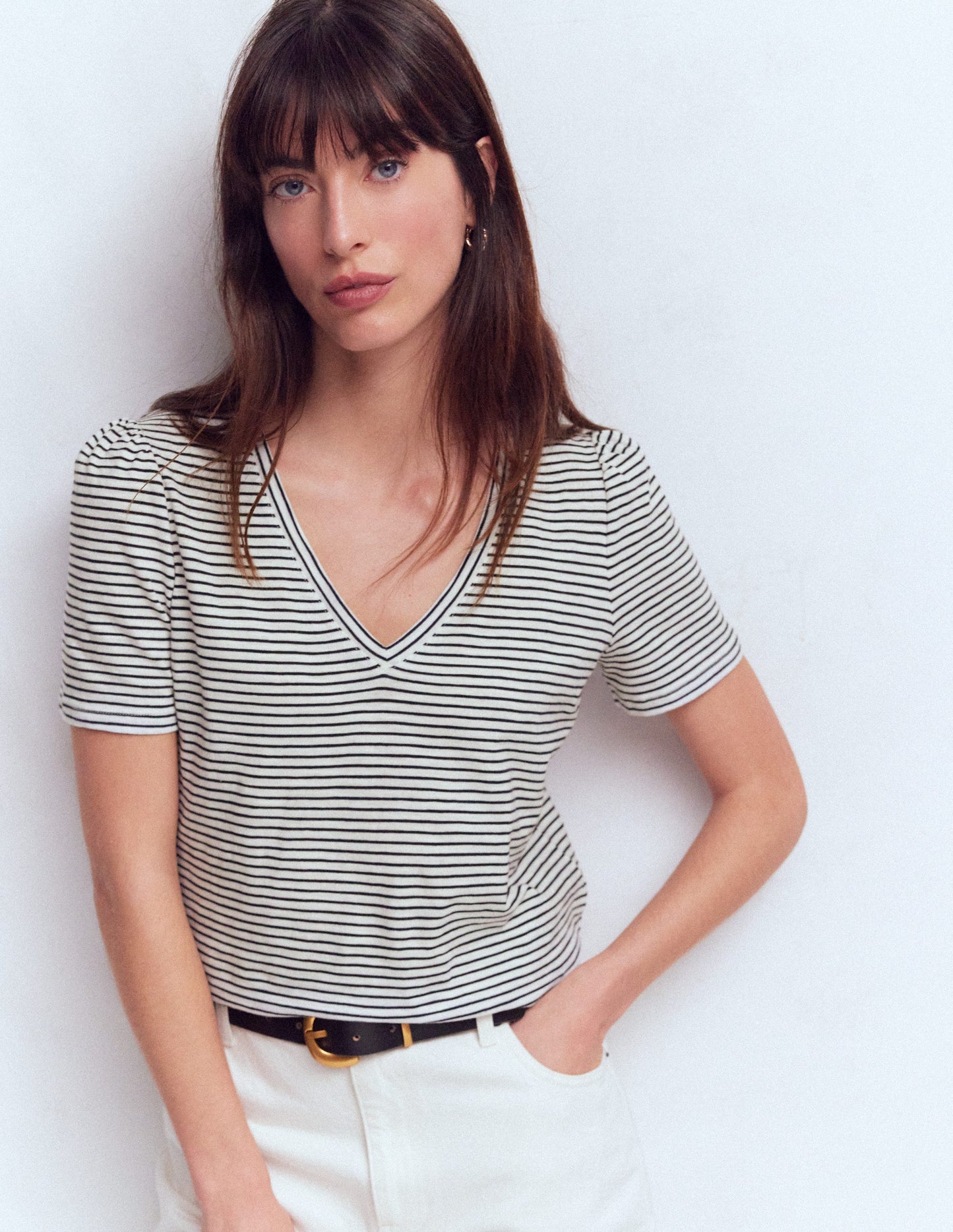 V Neck Slub T-shirt-Ivory, Navy Stripe