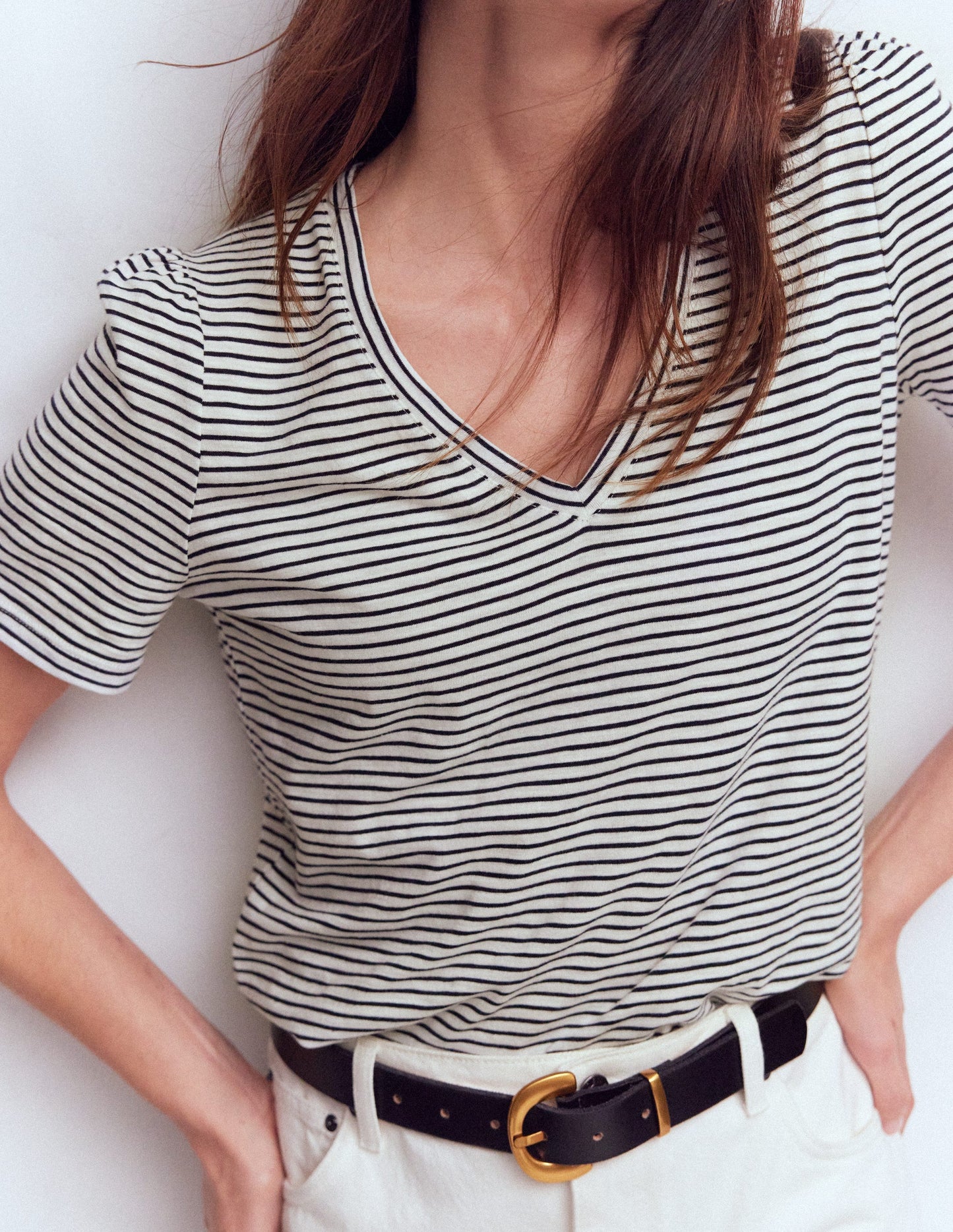 V Neck Slub T-shirt-Ivory, Navy Stripe