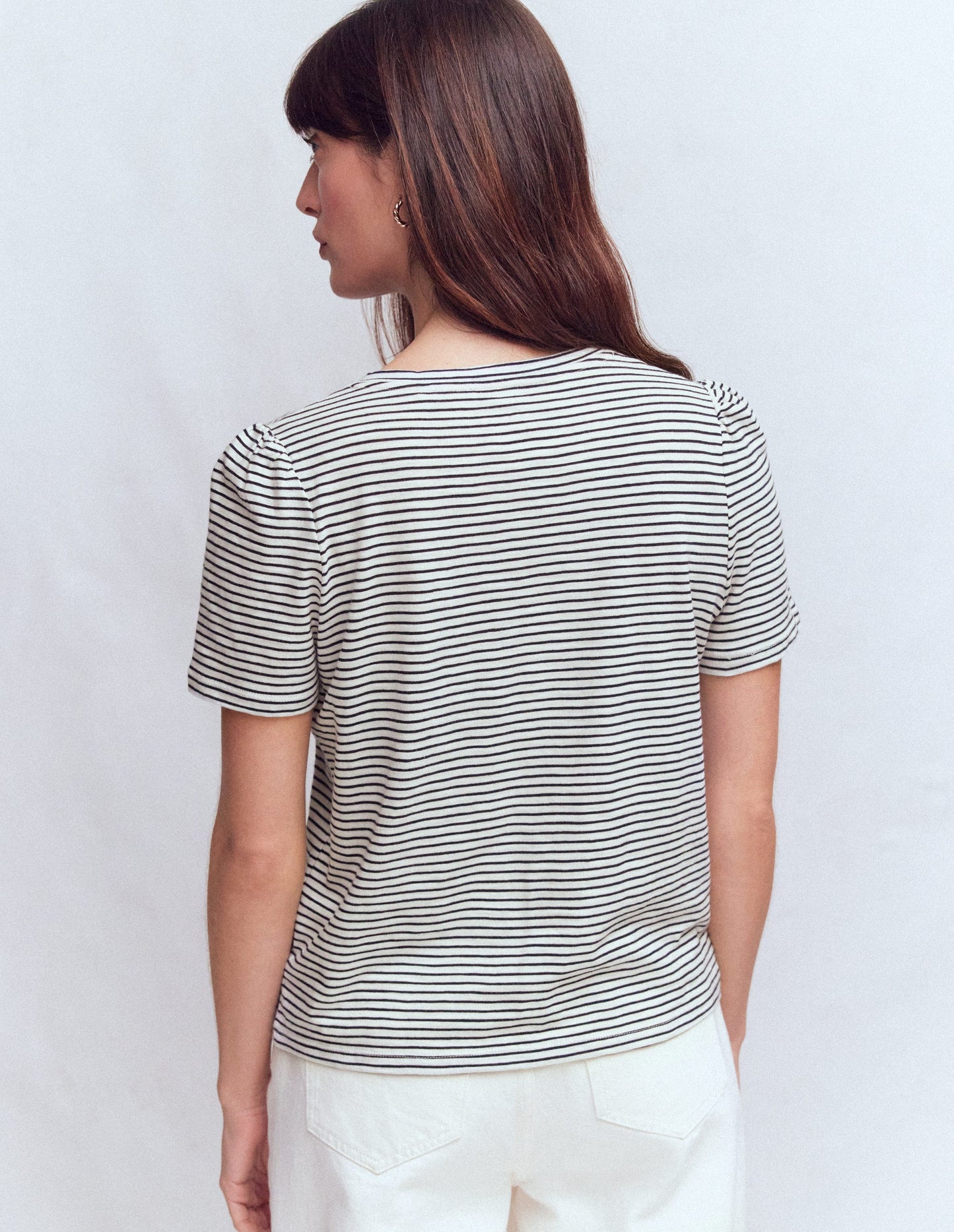 V Neck Slub T-shirt-Ivory, Navy Stripe