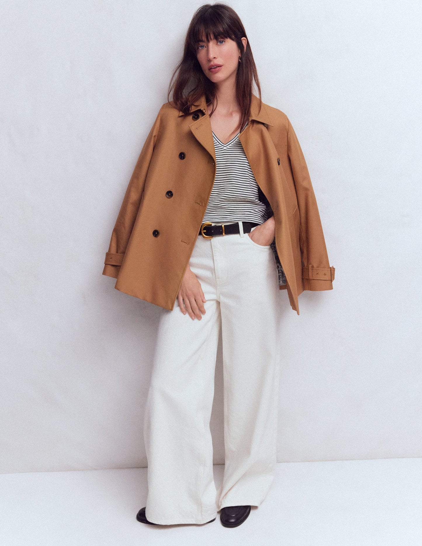 V Neck Slub T-shirt-Ivory, Navy Stripe