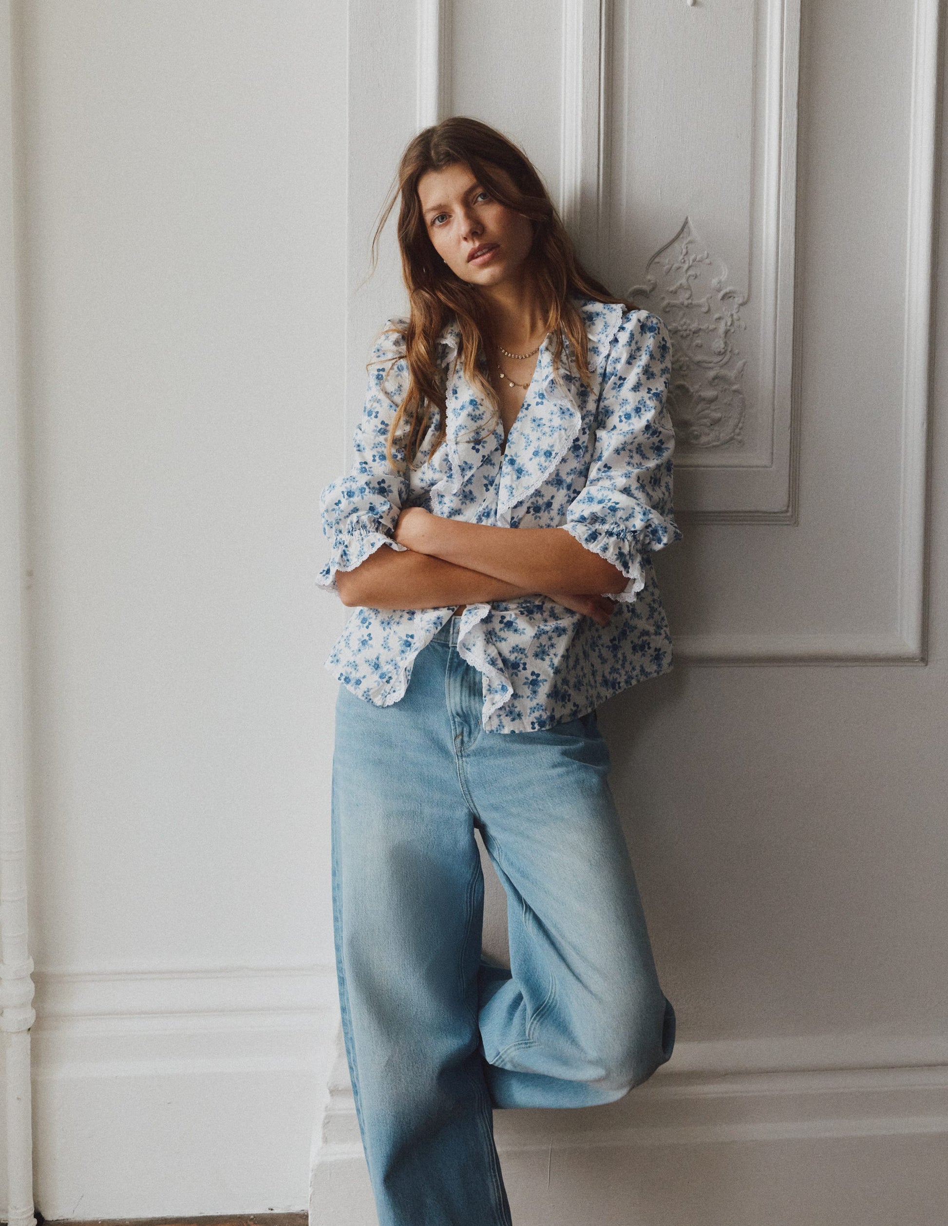 Eliza Ruffle V-Neck Blouse-Blue Floral-1