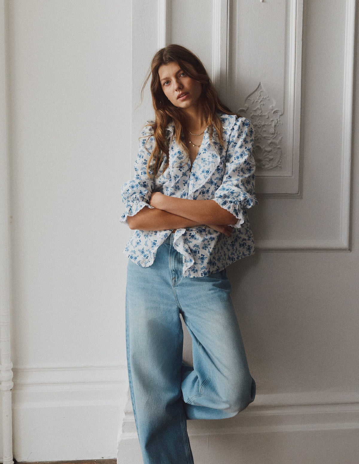 Eliza Ruffle V-Neck Blouse-Tourmaline Blue, Dainty Vine - Image 6
