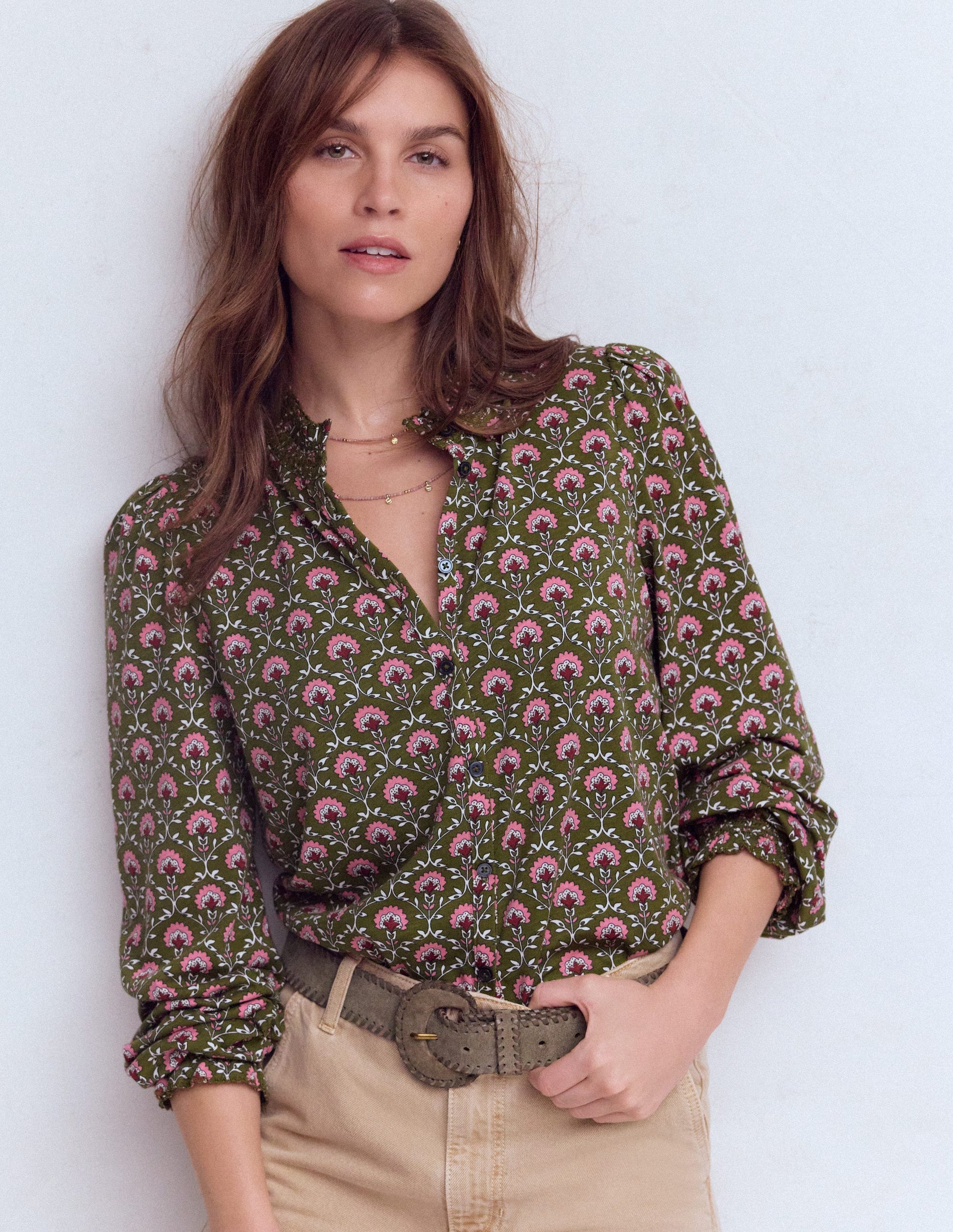 Effie Smocked Detail Shirt-Mayfly, Flower Lattice-1