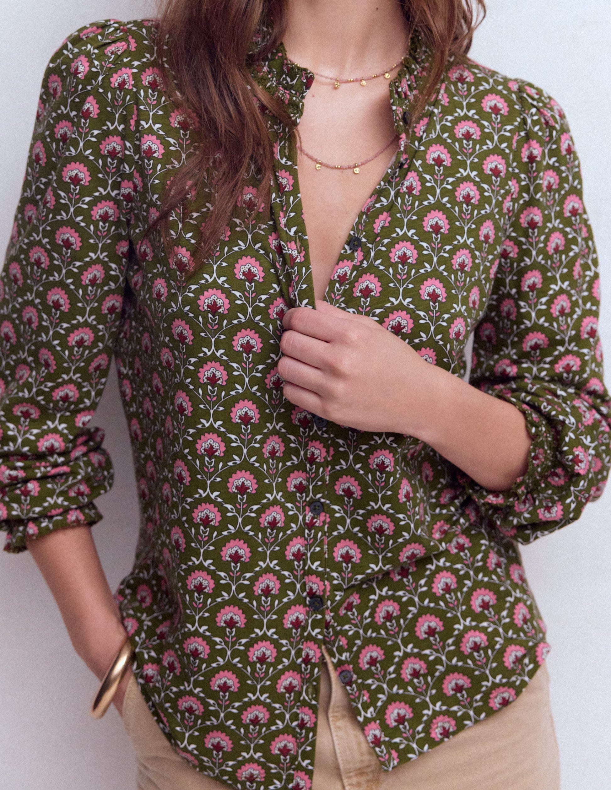 Effie Smocked Detail Shirt-Mayfly, Flower Lattice-2