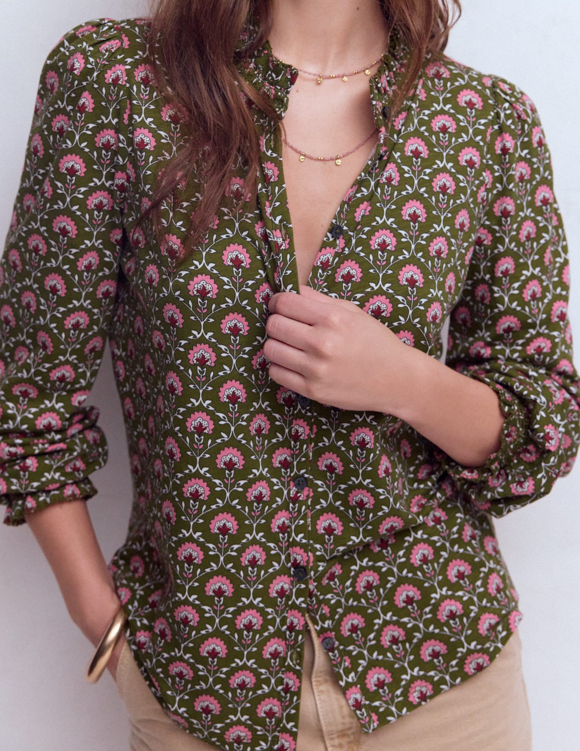 Effie Smocked Detail Shirt-Mayfly, Flower Lattice - Image 2