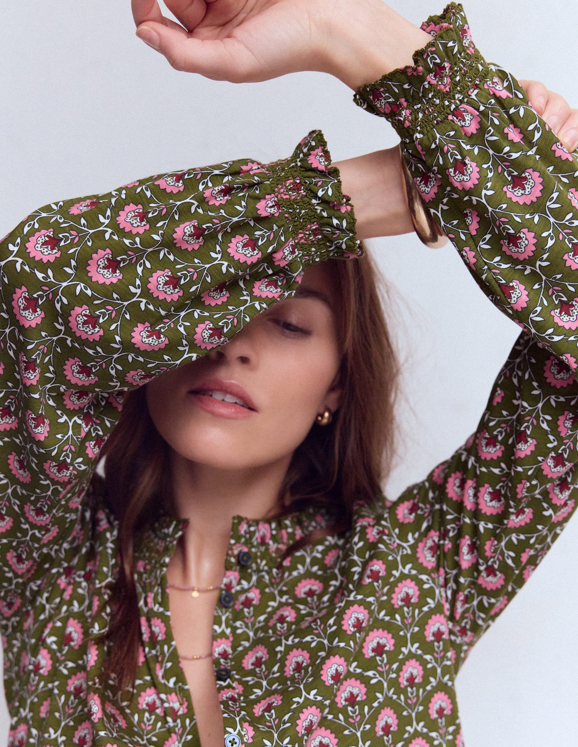 Effie Smocked Detail Shirt-Mayfly, Flower Lattice-4