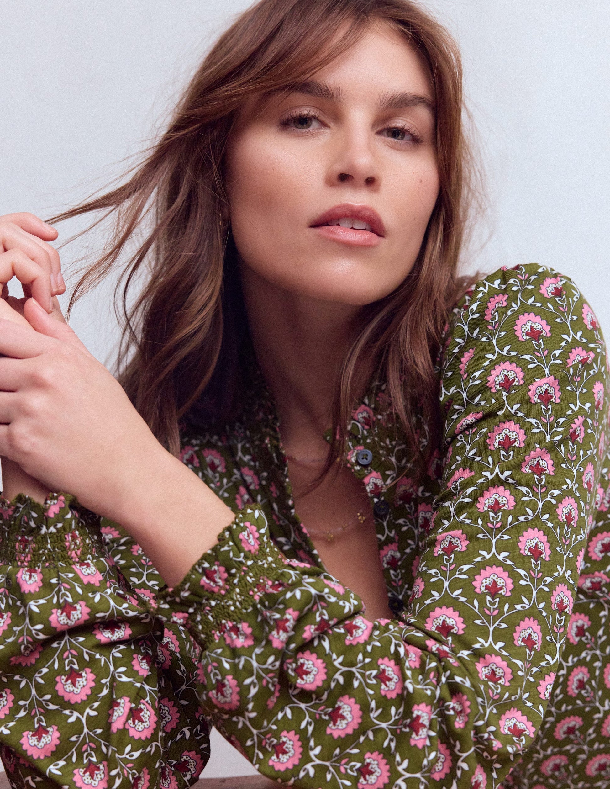 Effie Smocked Detail Shirt-Mayfly, Flower Lattice-5