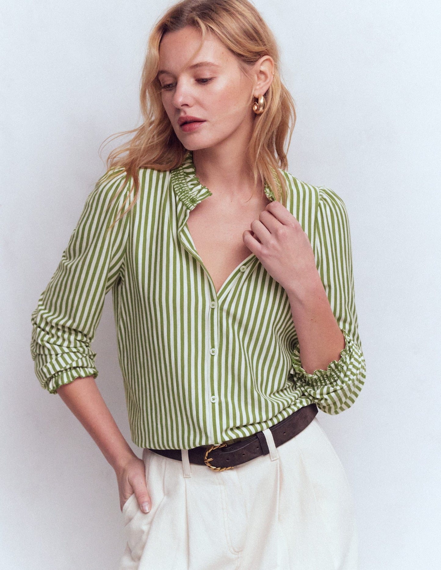 Effie Smocked Detail Shirt-Dill Stripe