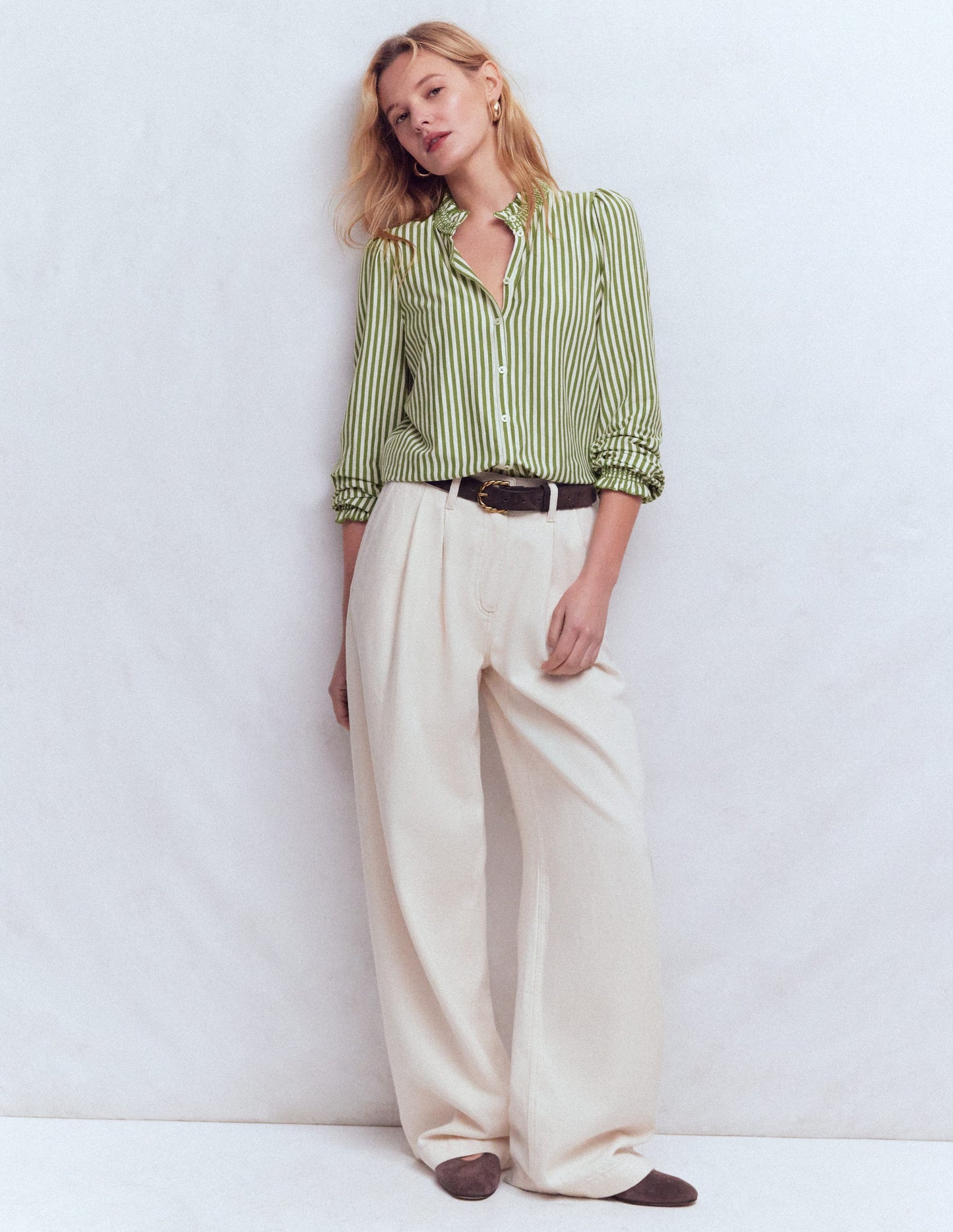 Effie Smocked Detail Shirt-Dill Stripe