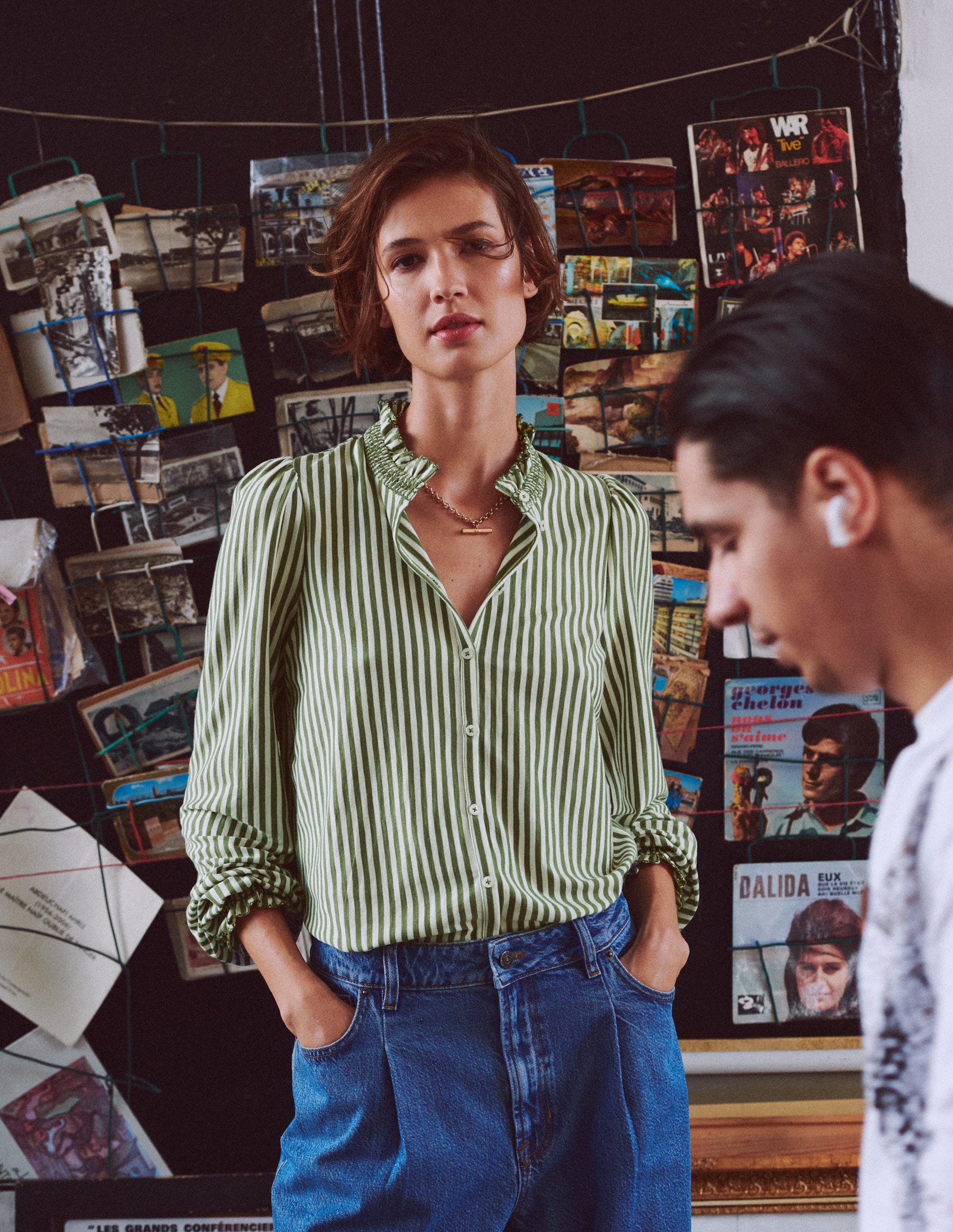 Effie Smocked Detail Shirt-Dill Stripe-1