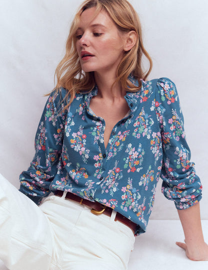 Effie Smocked Detail Shirt-Blue, Blossom Cluster-1