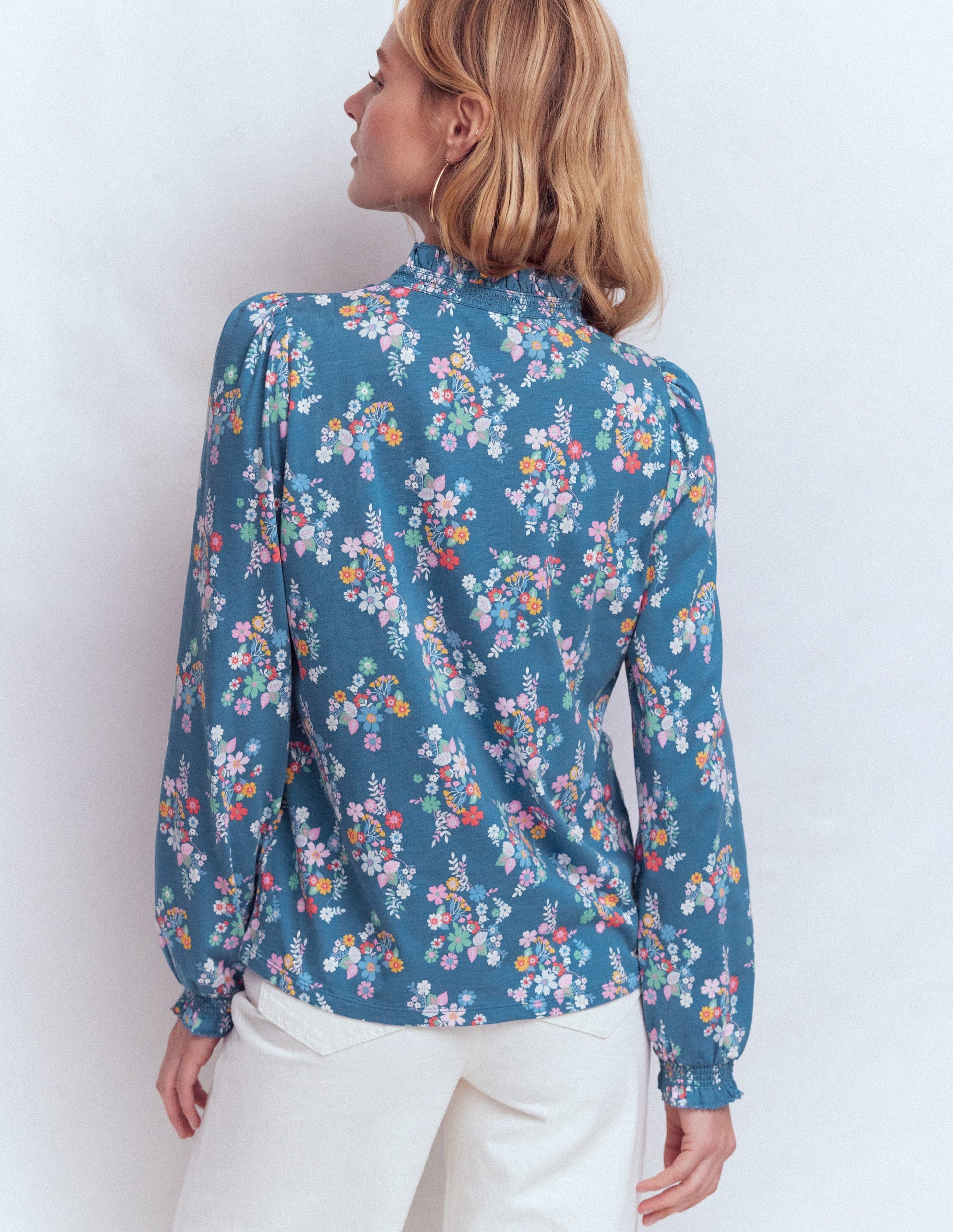 Effie Smocked Detail Shirt-Blue, Blossom Cluster-3