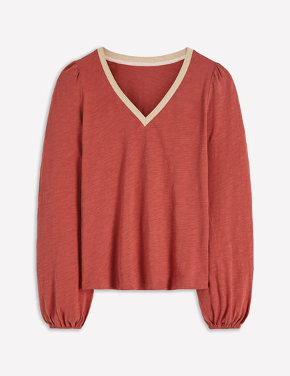 Metallic Trim V-neck Top-Barn Red-5