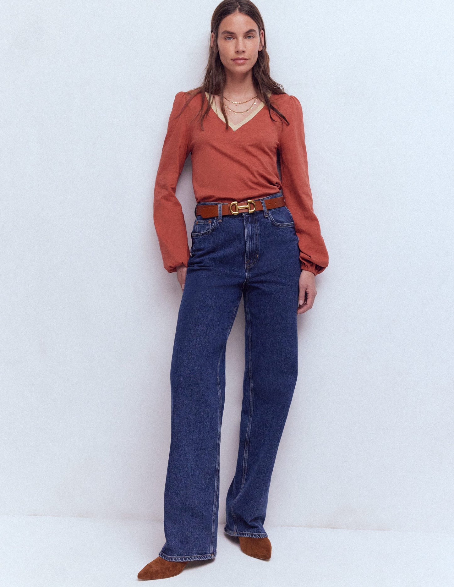 Metallic Trim V-neck Top-Barn Red