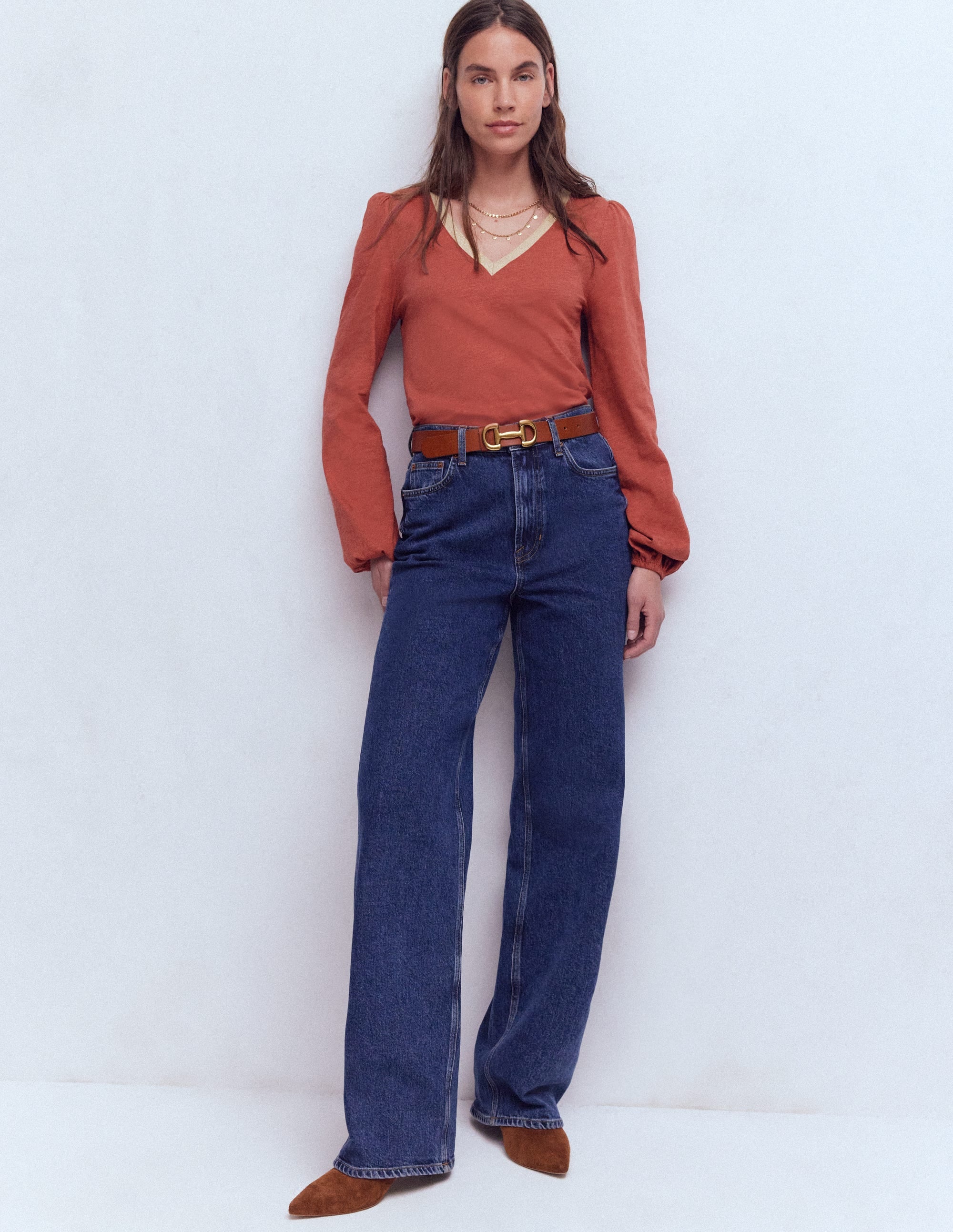 Metallic Trim V-neck Top-Barn Red - Image 1