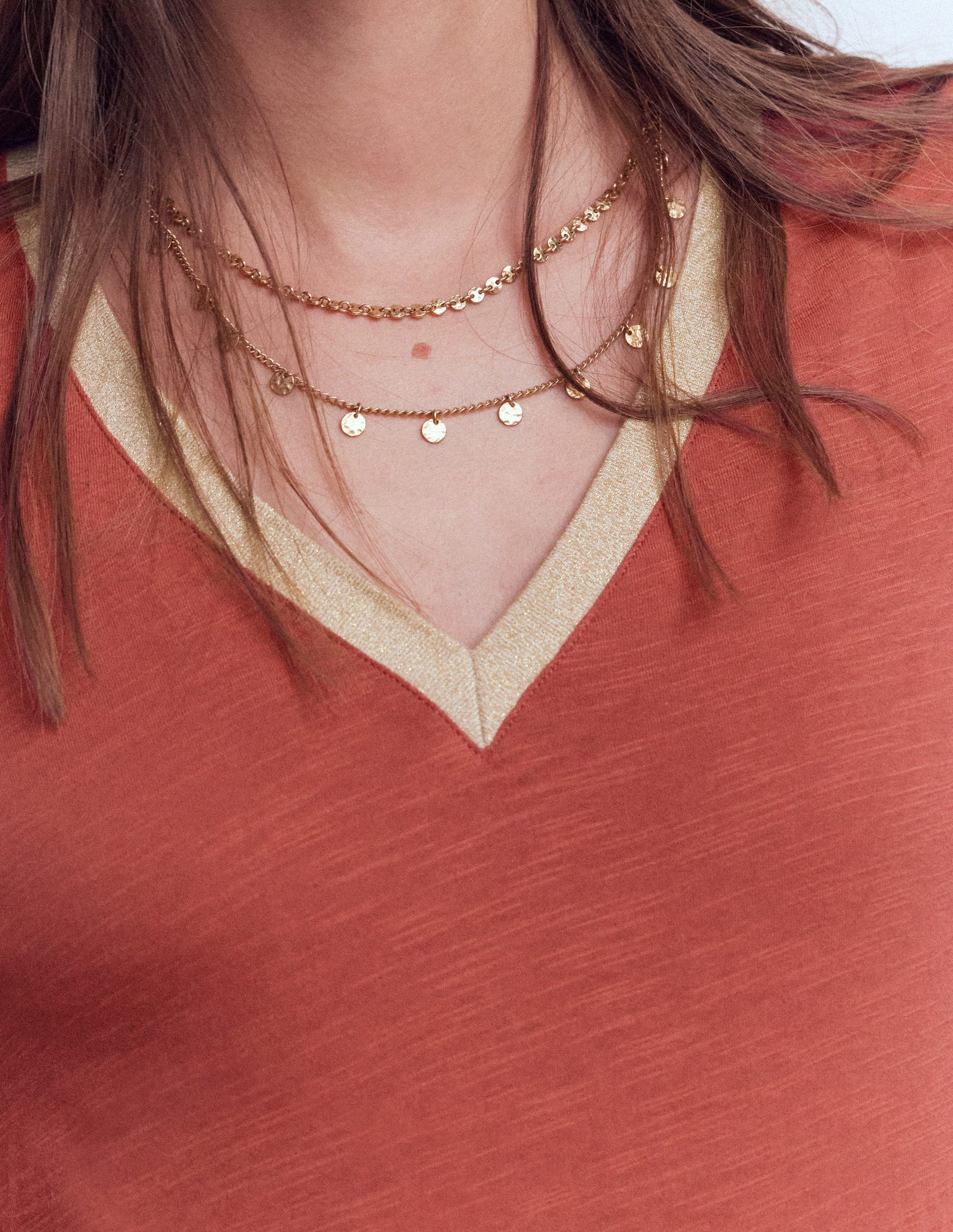 Metallic Trim V-neck Top-Barn Red-2