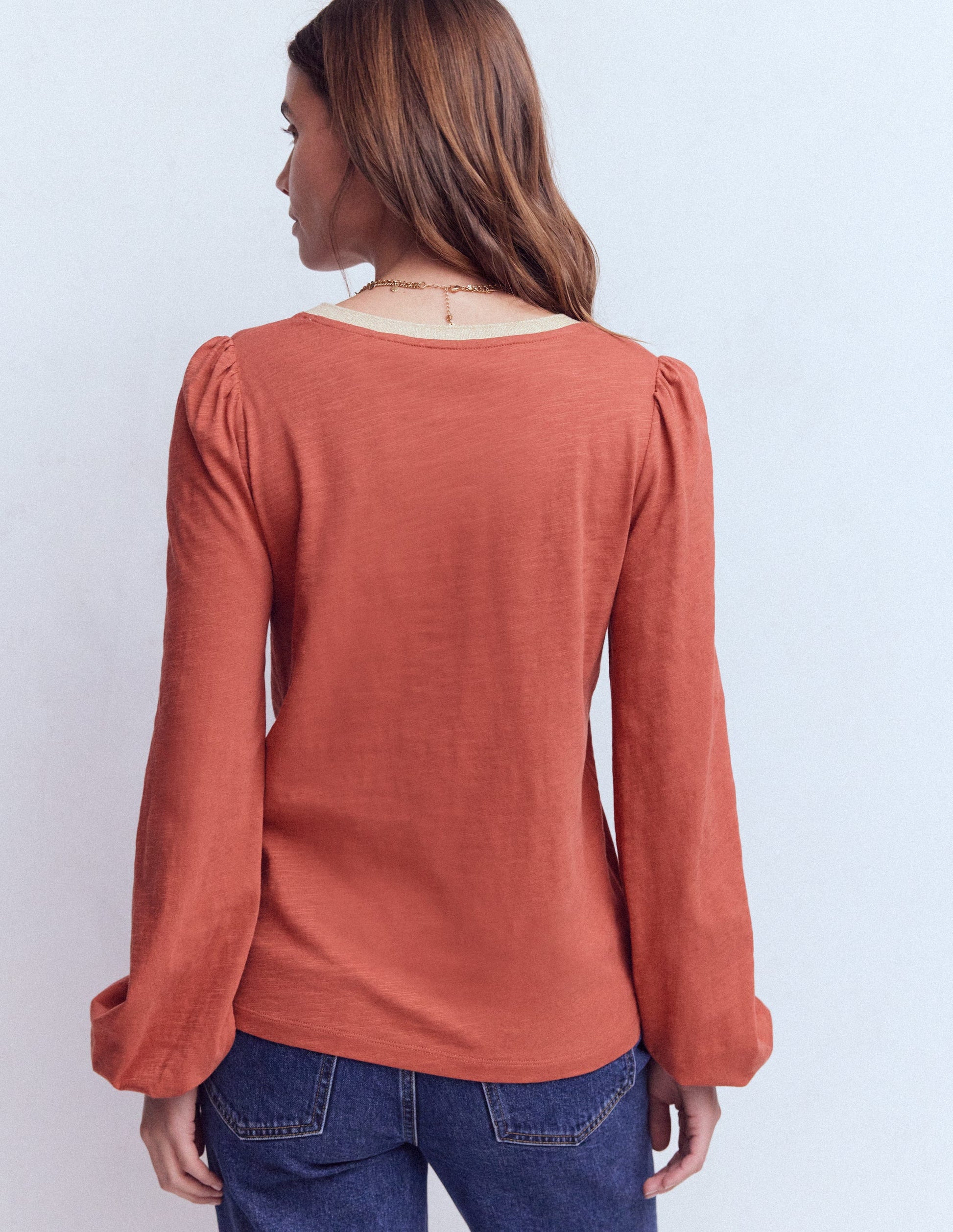 Metallic Trim V-neck Top-Barn Red-3