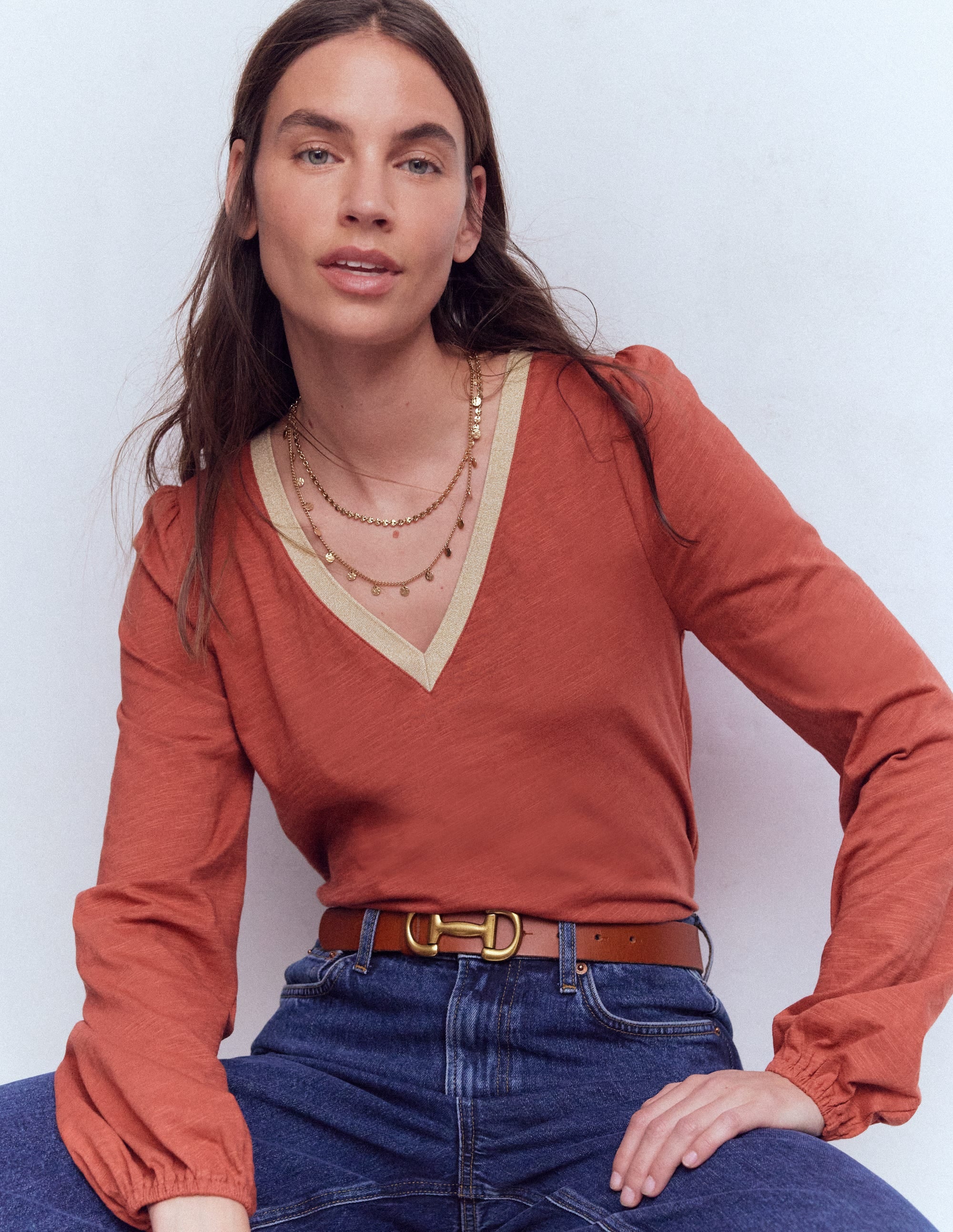 Metallic Trim V-neck Top-Barn Red - Image 4