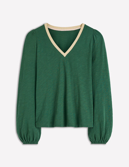 Metallic Trim V-neck Top-Trekking Green-5