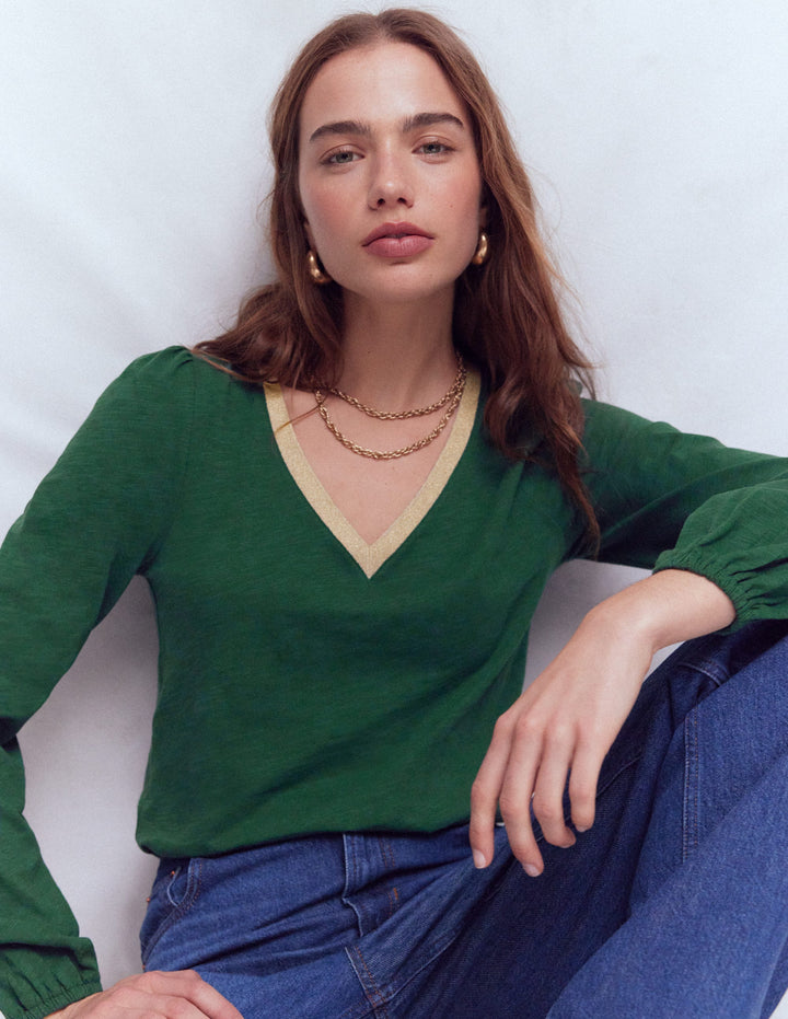 Metallic Trim V-neck Top-Trekking Green