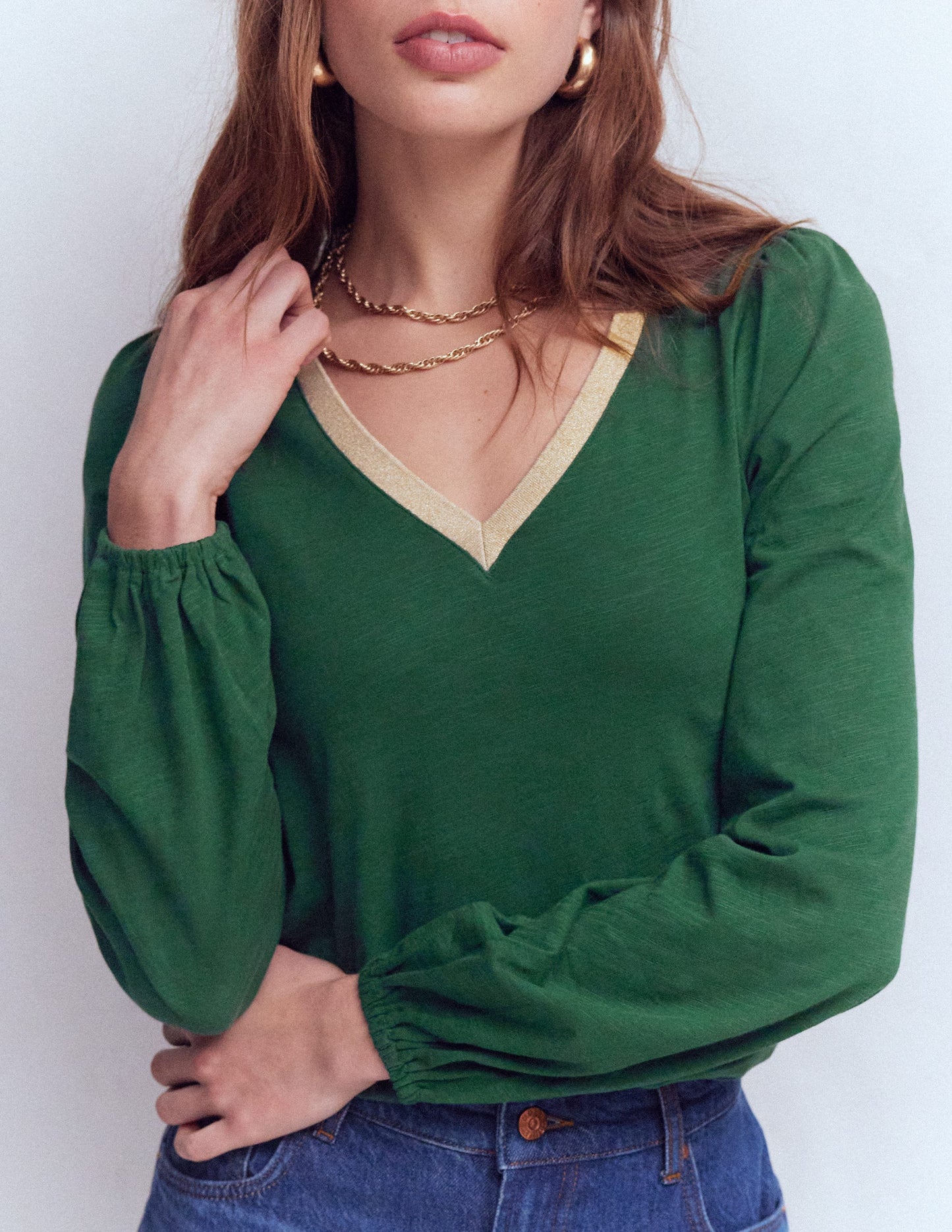 Metallic Trim V-neck Top-Trekking Green