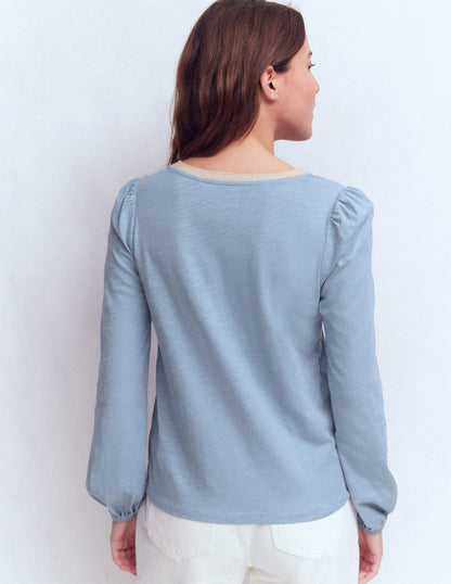 Metallic Trim V-neck Top-French Blue-3
